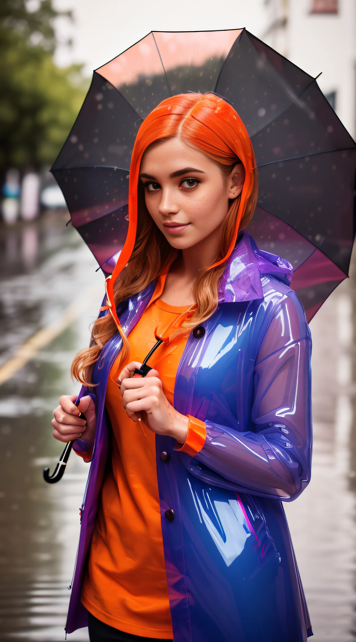 (((holding an orange and transparent vinyl umbrella in his hand))), Portrait of beautiful ginger woman with wet shirt and freckles, in a rainy urban street,depht-of-field, bokeh, (frontlighting:1.2), (backlighting:0.75), (fill light:0.9), bloom, chromatic aberration, (lens flare:1.2),
