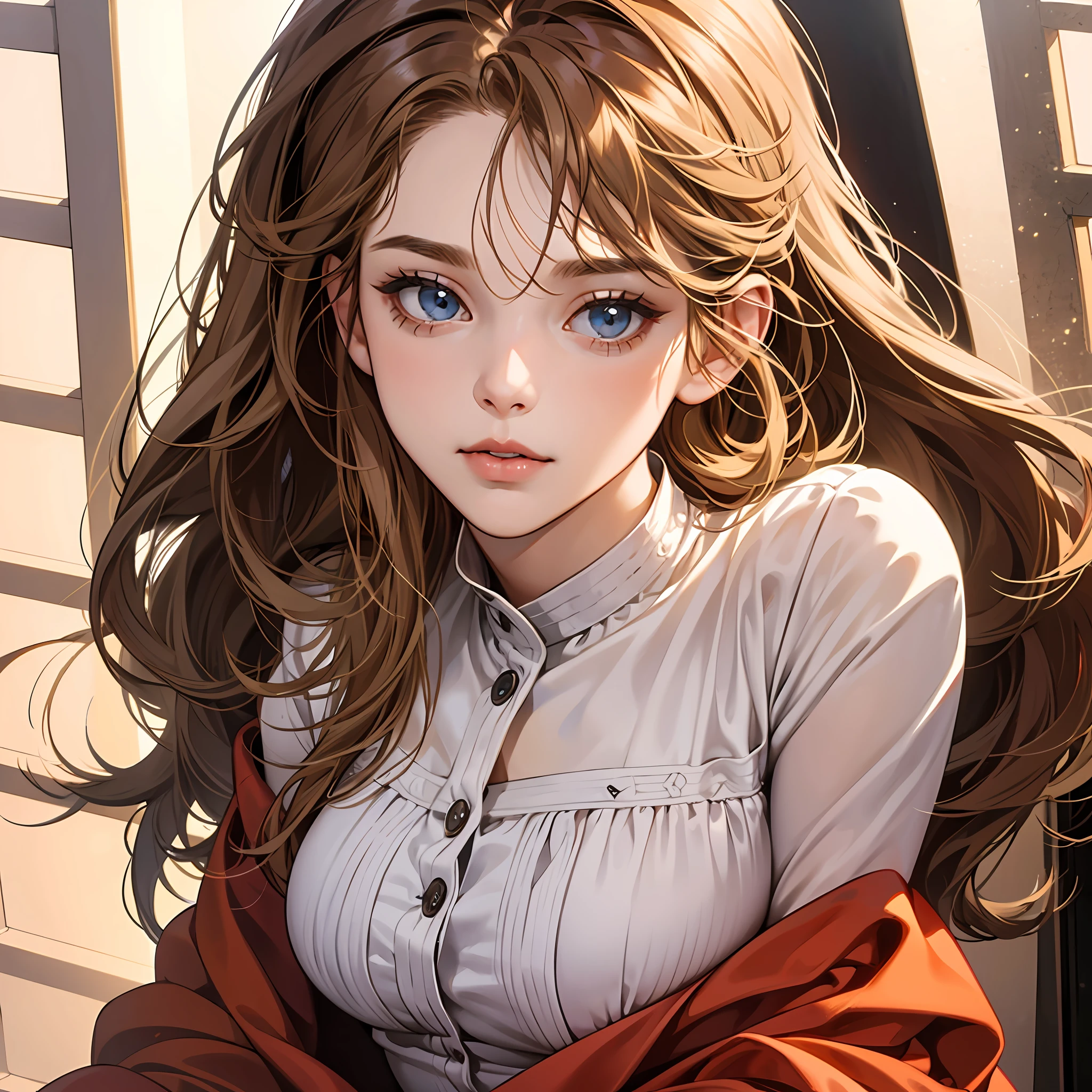 Blonde with light blue eyes bangs and light brown eyes woman brown hair with smooth orange tips in disney all realistic --auto