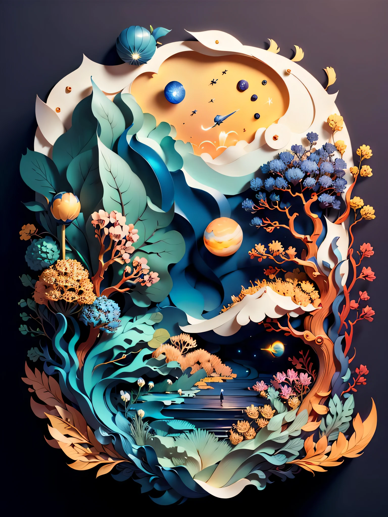 (((masterpiece))),best quality, illustration, earth, water ,fire, wind , space , paper_cut,