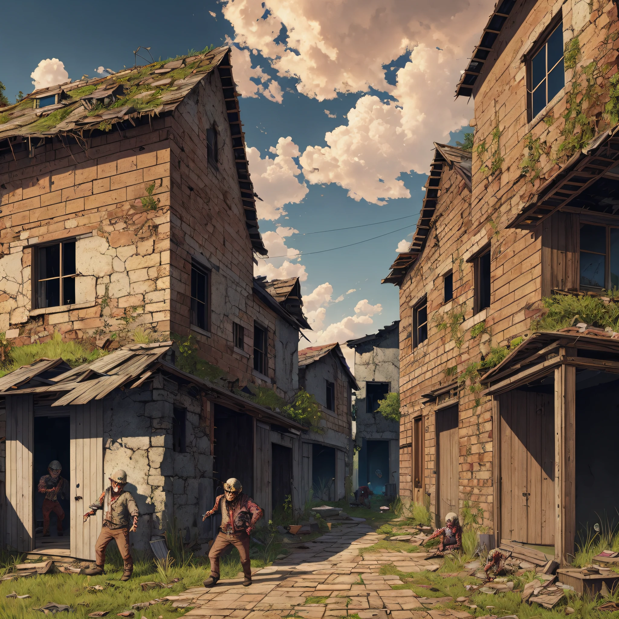 A group of zombies around a dilapidated tile house, cartoons, countryside,