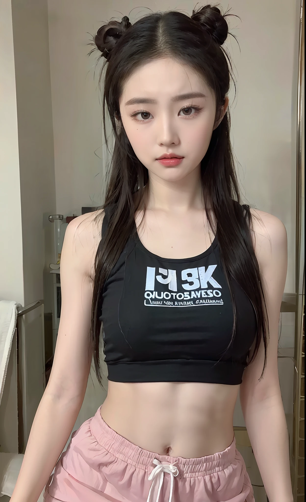 ((Best Quality, 8K, Masterpiece: 1.3)), 1 Girl, Beautiful Girl with Elongated Abs: 1.3, (Bun Hair,: 0.7), Ultra-detailed face, detailed eyes, double eyelids, crop top vest, Raised left arm, T-shirt