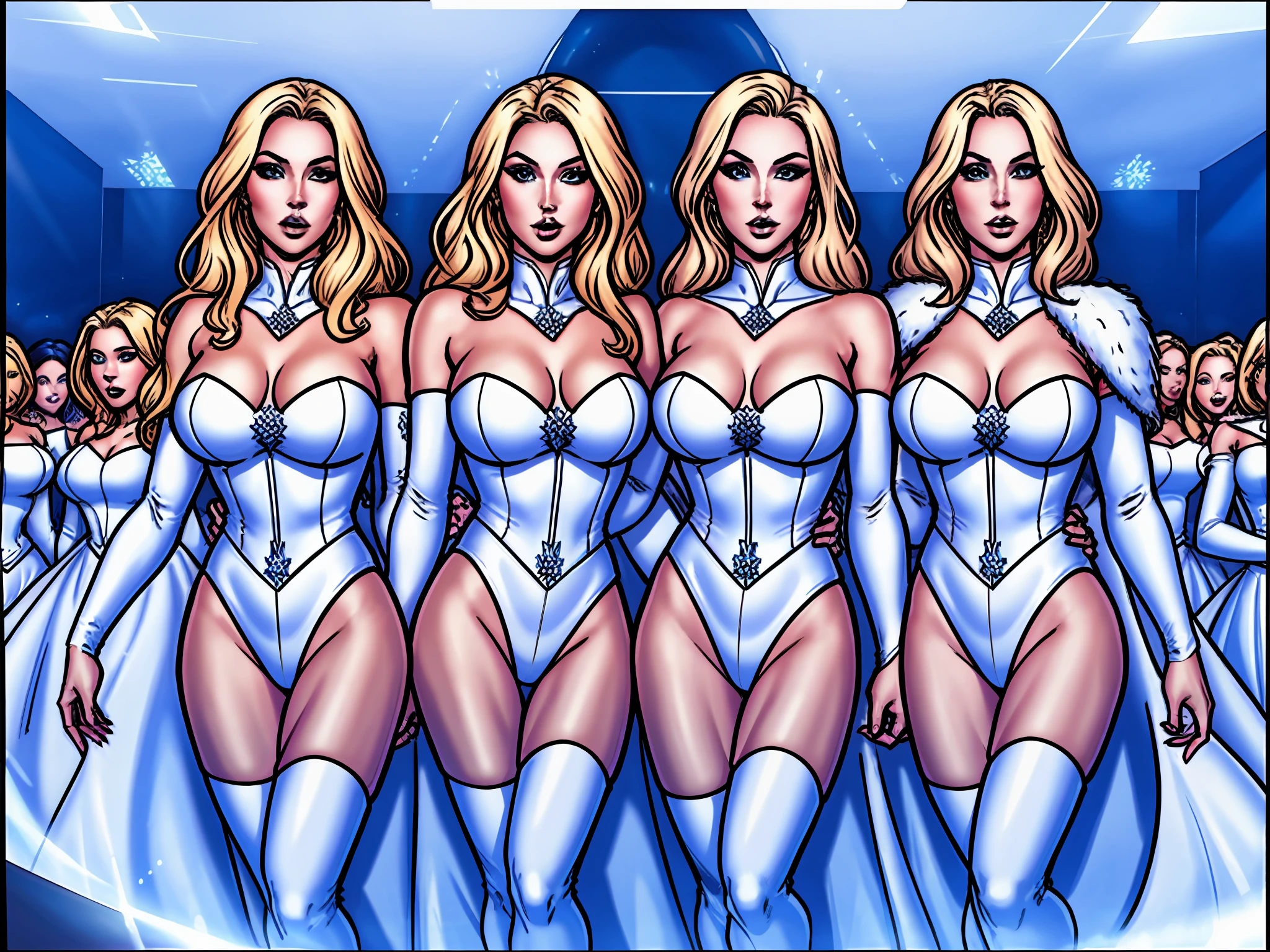 emmafrost, whitequeen, hundreds of girls, thoussnds of girls, millions of girls, crowd, group shot, identical sisters, clones, matching outfit, matching hairstyle, matching face