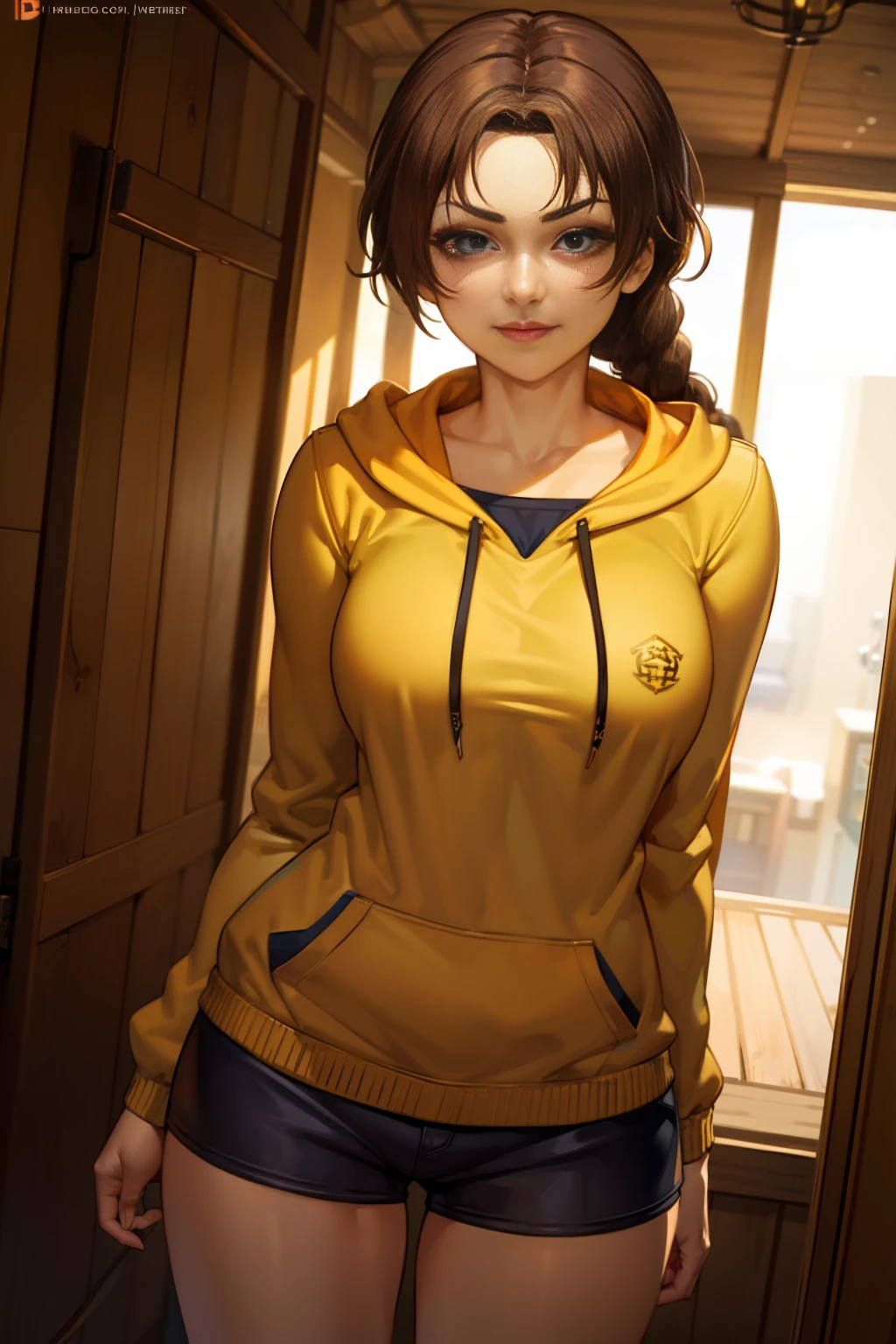 (Masterpiece, Best Quality:1.2), Solo, 1girl, Smirk, Looking at the Viewer, Realistic Eyes, bandana, long braid, Best Quality, Closed Mouth, Beautiful Lighting, Cinematic, 8K, Facial, Liner, Wooden Walls, Big Tits, Yellow Hoodie, Short Shorts, Wide Thighs, Erotica