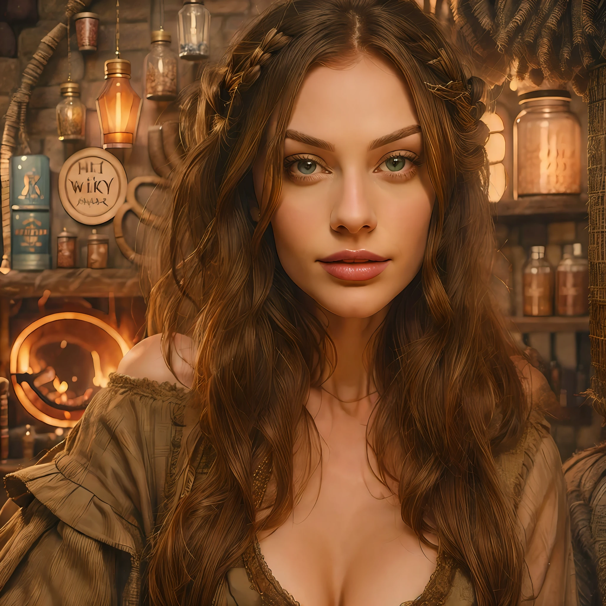 beautiful ginger women in detailed dress at cozy detailed potions shop, air above hair, IPA award wining, masterpiece