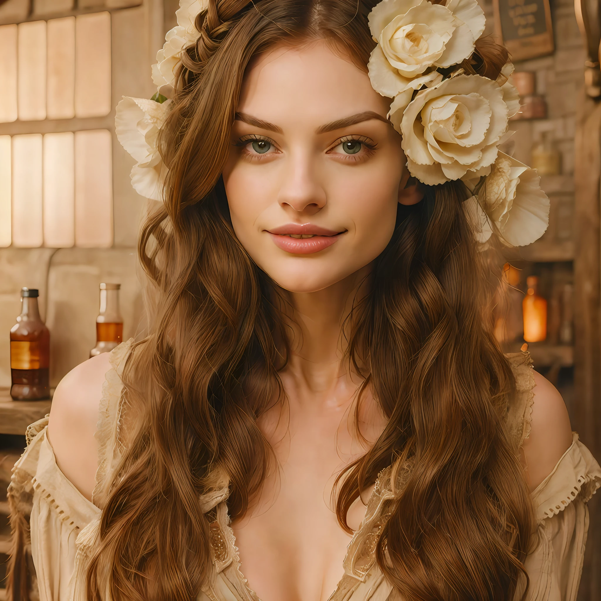 beautiful ginger women in detailed dress at cozy detailed potions shop, air above hair, IPA award wining, masterpiece