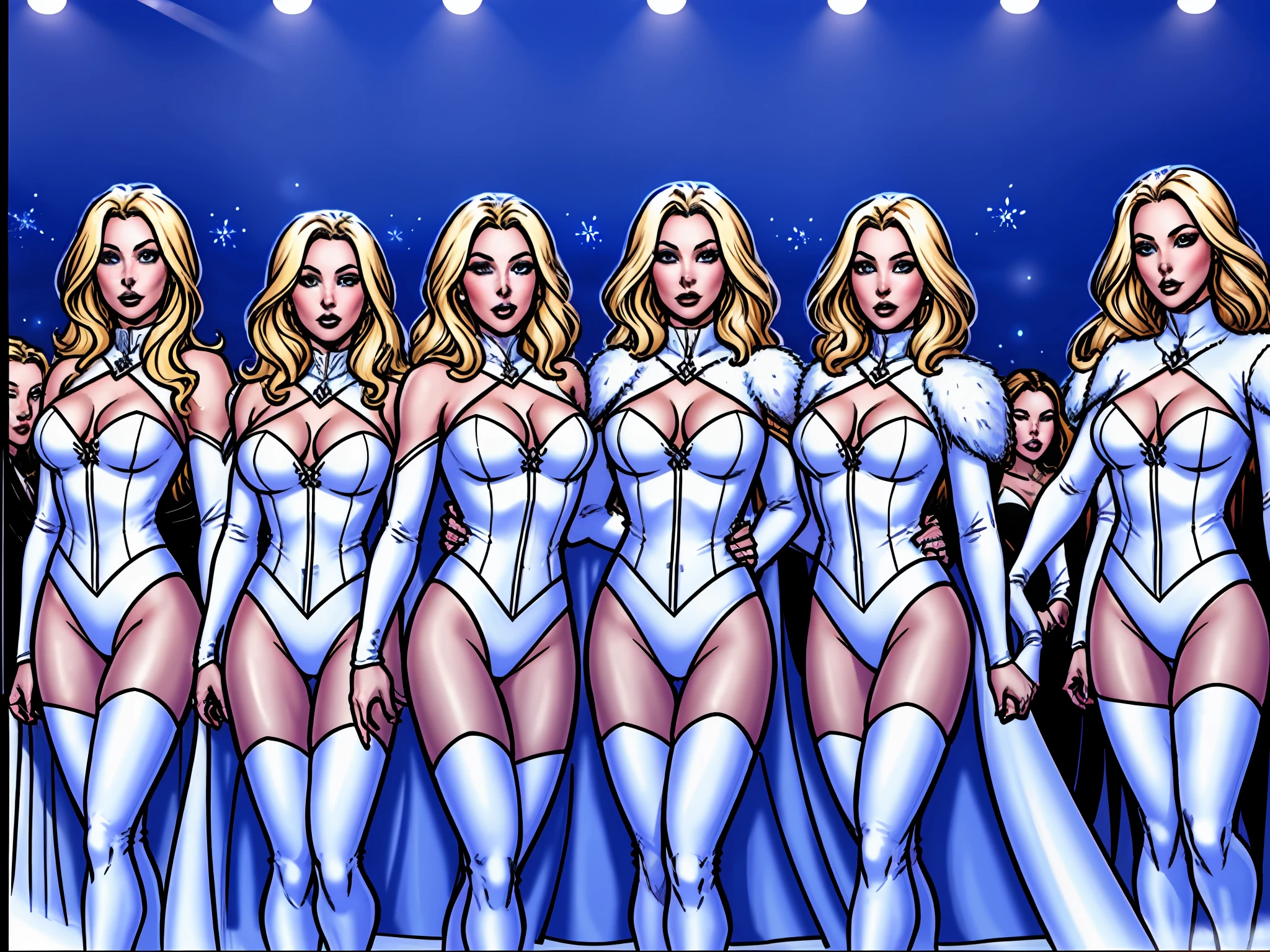 emmafrost, whitequeen, hundreds of girls, thoussnds of girls, millions of girls, crowd, group shot, identical sisters, clones, matching outfit, matching hairstyle, matching face