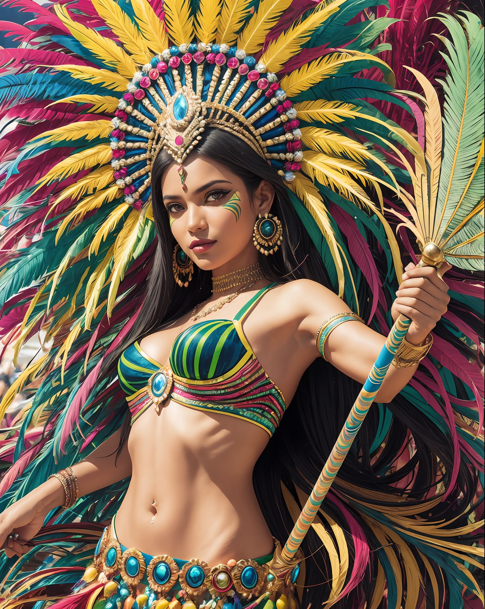 (Brazil)1.1 could be a boss inspired by the vibrant carnival culture, adorned with colorful feathers and wielding a mystical staff, surrounded by energetic samba rhythms