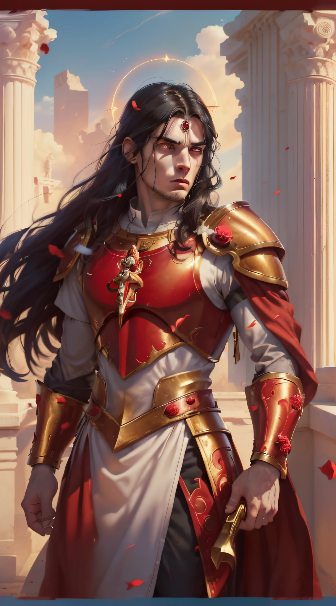 A young man, (((solo))), (25 years old, pale skin, tall, pale skin, round face, square jaw, serene look, completely red eyes, long black hair with bangs: 1.50, thick eyebrow, straight face), (he has a small red jewel in the middle of his forehead: 1.30) (he is a holy paladin, wears a costume of noble red and white long fabric, with golden plate armor, halo), (he is bleeding, with his fist on his chest beating continence, with a rosary in hand, in an ancient city, with white marble structures, with a rose garden in the background, blue sky, closeup, medieval fantasy), (he conjures a red energy around him)