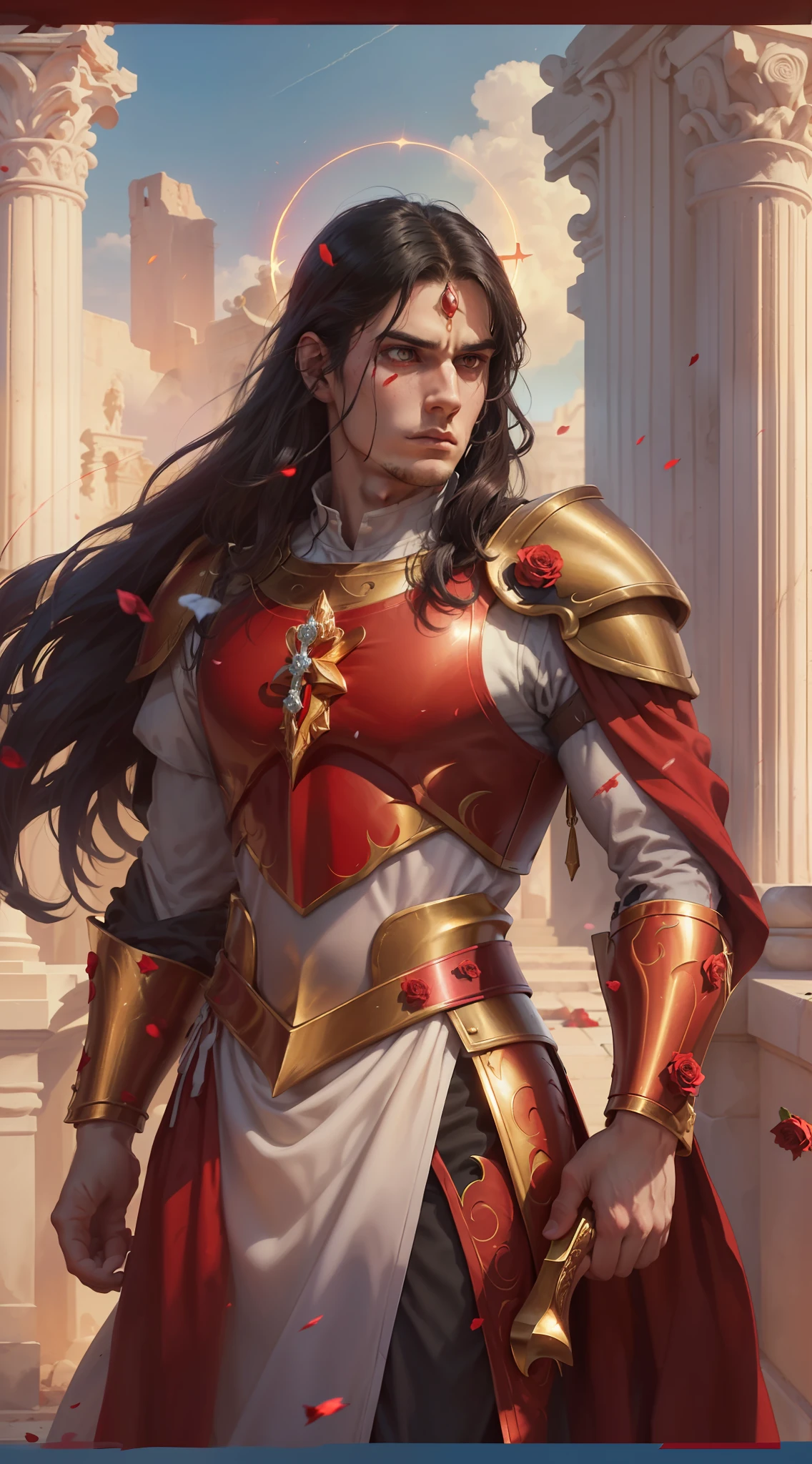A young man, (((solo))), (25 years old, pale skin, tall, pale skin, round face, square jaw, serene look, completely red eyes, long black hair with bangs: 1.50, thick eyebrow, straight face), (he has a small red jewel in the middle of his forehead: 1.30) (he is a holy paladin, wears a costume of noble red and white long fabric,  with golden plate armor, halo), (he is bleeding, with his fist on his chest beating continence, with a rosary in hand, in an ancient city, with white marble structures, with a rose garden in the background, blue sky, closeup, medieval fantasy), (he conjures a red energy around him)