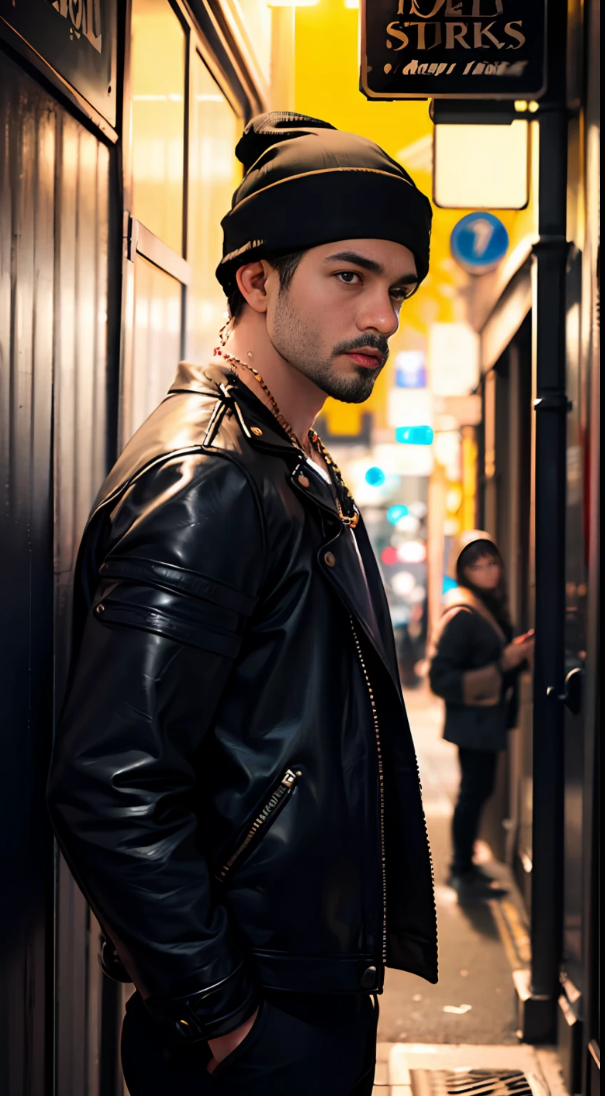 (strong white man with brown leather jacket and rapper necklace), (tense expression), (gangsta rap), (very short shaved hair), (black beanie hat), (skin pores), (ultra-detailed oily skin), (suburban scene at night), (dirty alley), dark shadows, (action scene), (dark ambient), (high detail++), ((street)), ((american advertising poster)), scenic lighting, photographed in a Fujifilm GFX 100,  50mm F2 lens, photorealistic texture, (highly detailed, intricately detailed), dimly lit environment, (neon lighting: 1.2), atmospheric perspective, film grain, Raytrace, Caustics, Bokeh, (masterpiece), UHD, super detail, (16k), (. RAW), sharp focus++, (bottom), (subsurface scattering), (strong blue backlight), desaturated, soft colors