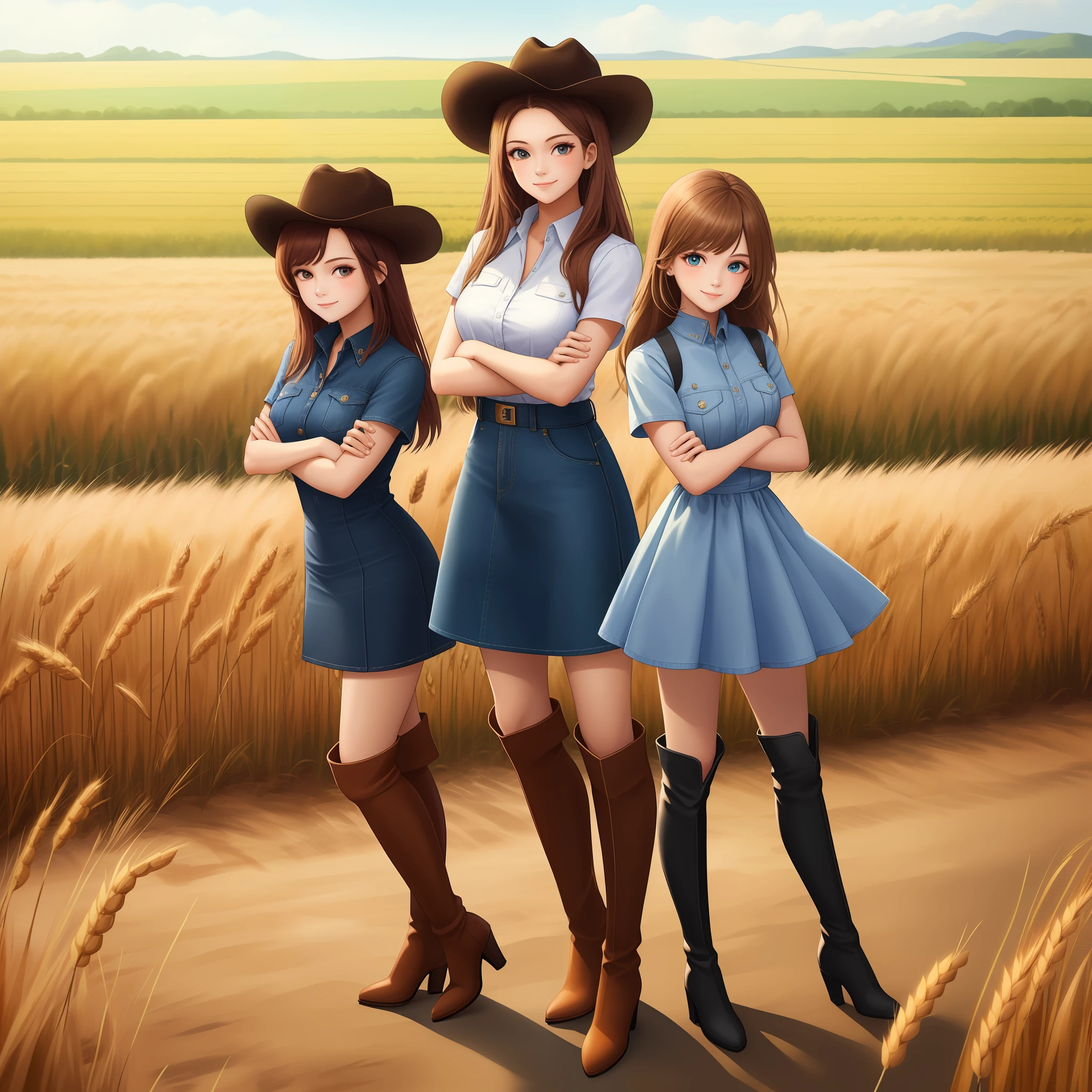 (masterpiece, best quality:1.2), group, thousands of girls, identical sisters, clones, smile, looking at viewer, crossed arms, low-tied long hair, cowboy hat, shirt, short sleeves, denim dress, wheat field, full body, thigh high boots, high heeled boots, matching outfit, matching hairstyle, matching face