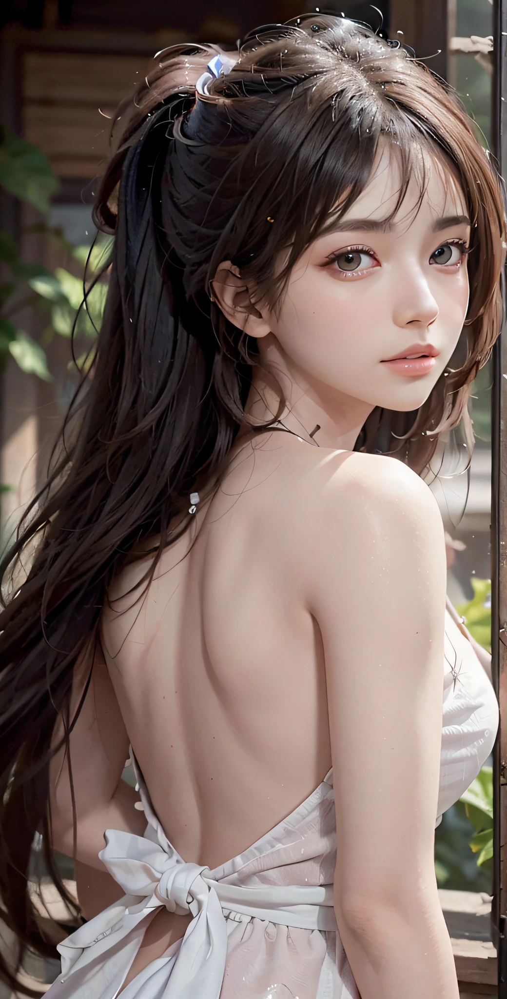 (((sfw))),8k, RAW photo, best quality, masterpiece, high detail RAW color photo, professional photograph, (realistic, photorealistic:1.37), (high detailed skin:1.2), high resolution, beautiful detailed eyes, (hard focus:1.4), (sharp focus:1.4),
photoreaslistic , (8K UHD:1.2) , shape focus
(amazing awesome exquisitely extremely finely hyper intricate super ultimate ultra wonderful detailed:1.4) , High quality shadow,
parted_lips, slender face,
(disheveled hair), Bangs with layers, Low ponytail, Light green eye color, suggestive look,
(upper body), pov, (((depth of field))), pale and lustrous skin,
18yo teen age,
huge breasts,
bokeh, lens flare, (vignette:0.8), dramatic lighting, cinematic lighting, back light, professional lighting, physically-based rendering, ulzzang-6500-v1.1, pureerosface_v1.