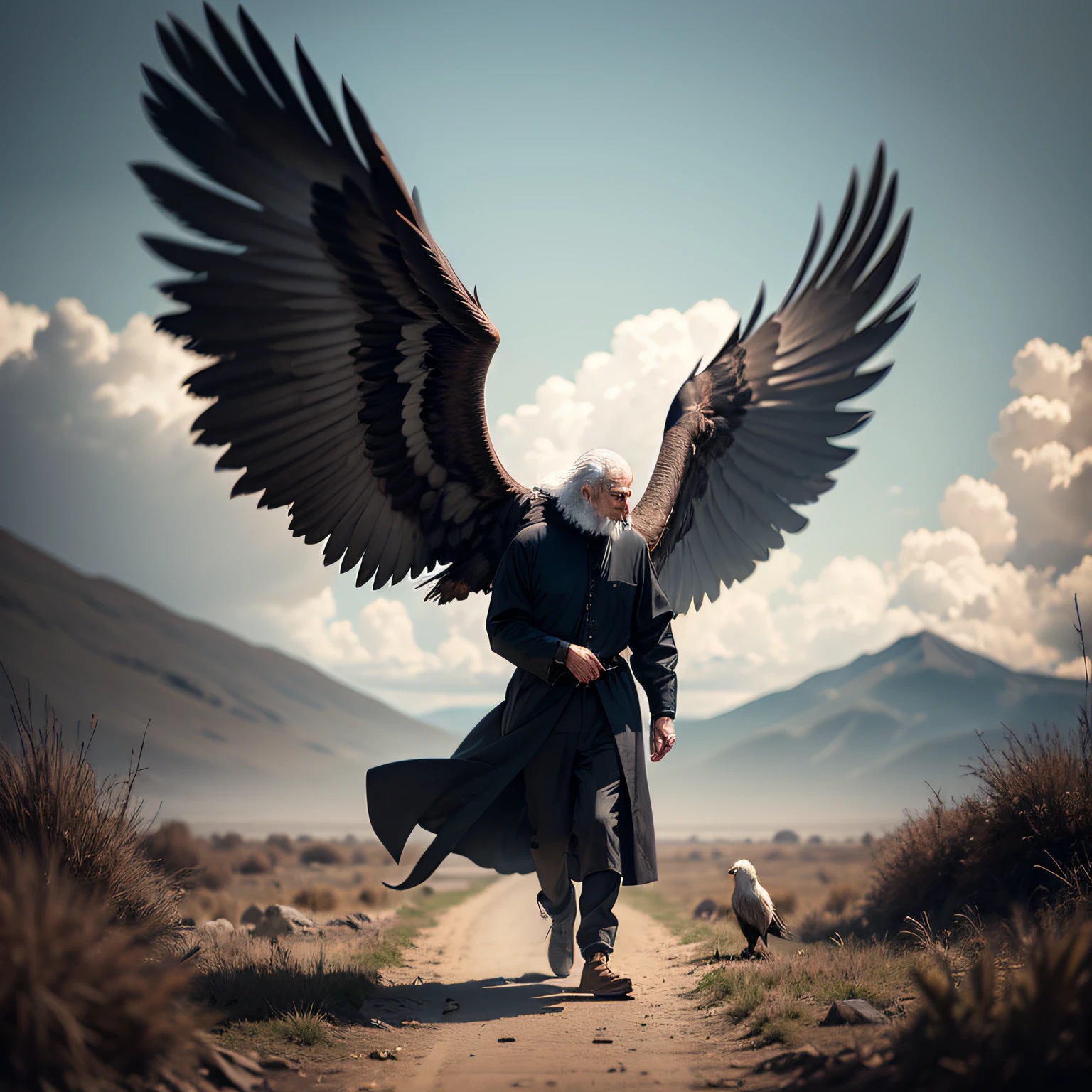 Realistic, cinematic image of a wise old man in long, black clothes with an eagle --auto