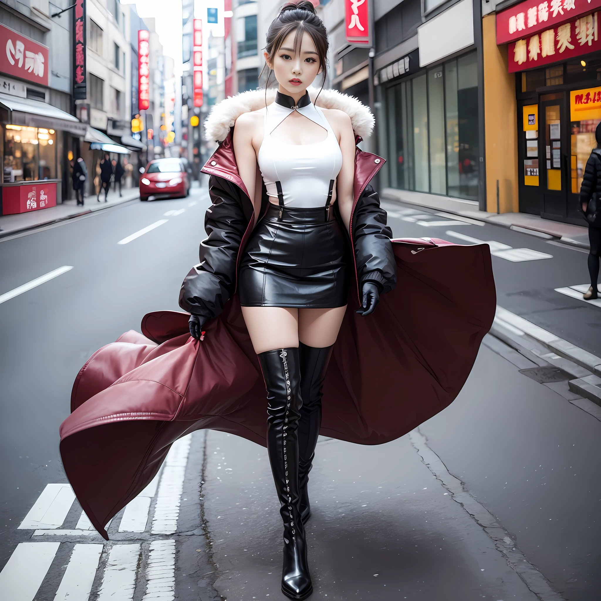 A woman in a white top and black boots standing on the street, Chinese female fashion model, white fluffy clothes, short skirt and long jacket, Japanese city street fashion, black pink Rosan Park, she wears streetwear, Japanese street fashion, Tokyo fashion, street dress woman in jacket and skirt, street fashion, Harajuku street fashion, beautiful woman walking in the wind, black gloves, over-the-knee red boots, tall, long legs, perfect body proportions, thin waist, black suspender stockings, tall, Slender body, nine-headed body, big eyes, beautiful and exquisite face, perfect body details, perfect body proportions, perfect visual proportions, fashion shooting, glamorous, feminine, delicate, highlighting female curves, subtext: ????, confident. Chinese woman --auto --s2