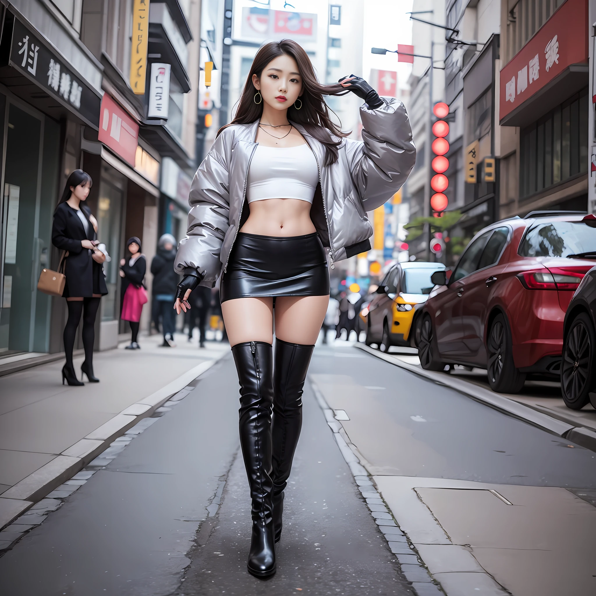 A woman in a white top and black boots standing on the street, Chinese female fashion model, white fluffy clothes, short skirt and long jacket, Japanese city street fashion, black pink Rosan Park, she wears streetwear, Japanese street fashion, Tokyo fashion, street dress woman in jacket and skirt, street fashion, Harajuku street fashion, beautiful woman walking in the wind, black gloves, over-the-knee red boots, tall, long legs, perfect body proportions, thin waist, black suspender stockings, tall, Slender body, nine-headed body, big eyes, beautiful and exquisite face, perfect body details, perfect body proportions, perfect visual proportions, fashion shooting, glamorous, feminine, delicate, highlighting female curves, subtext: sexy, confident. Chinese woman --auto --s2