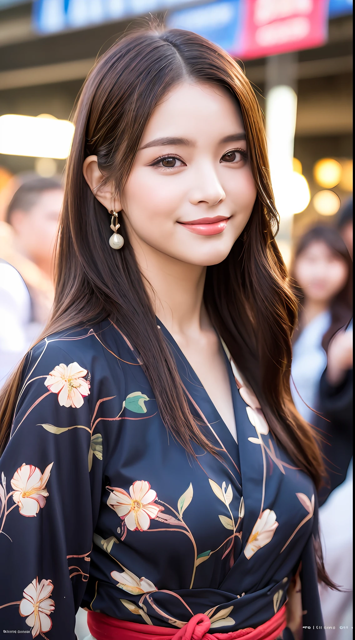 ((Best Quality, 8k, Masterpiece: 1.3)), 1 Girl, Smile, Full Body, Slim Face, Pretty Woman, (Dark Brown Hair), Kimono: 1.1, Ultra Detailed Face, Japanese Clothes, Detailed Eyes, Double Eyelids, Blurred Background, Slim Face, Japan City, Outside, Summer Festival,