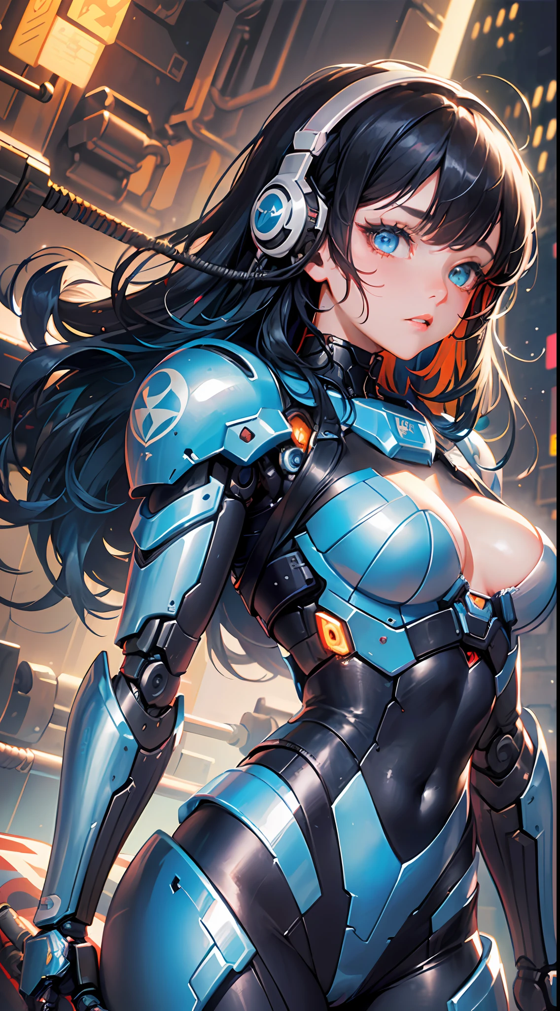 science fiction, (masterpiece, best quality, ultra detailed), ((multicolored hair, black hair, blue hair)), green eyes, suffering, (1girl:1.6), dynamic streaks, vibrant colors,  technology, manga influence, comic, gun, mechagirl, full armour, cables, extreme detailed wallpaper, ((mechanical limbs)), expressionless, biomechanical, mecha