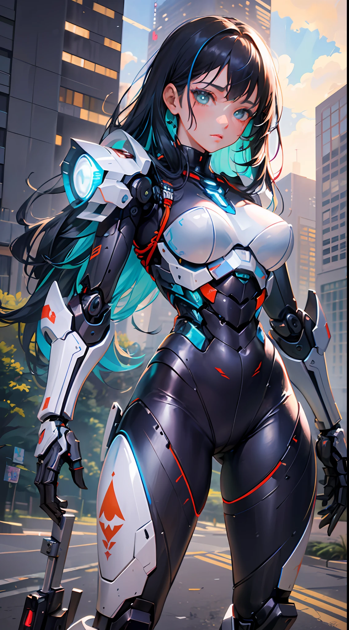 science fiction, (masterpiece, best quality, ultra detailed), ((multicolored hair, black hair, blue hair)), green eyes, suffering, (1girl:1.6), dynamic streaks, vibrant colors, technology, manga influence, comic, gun, mechagirl, full armour, cables, extreme detailed wallpaper, ((mechanical limbs)), expressionless, biomechanical, mecha