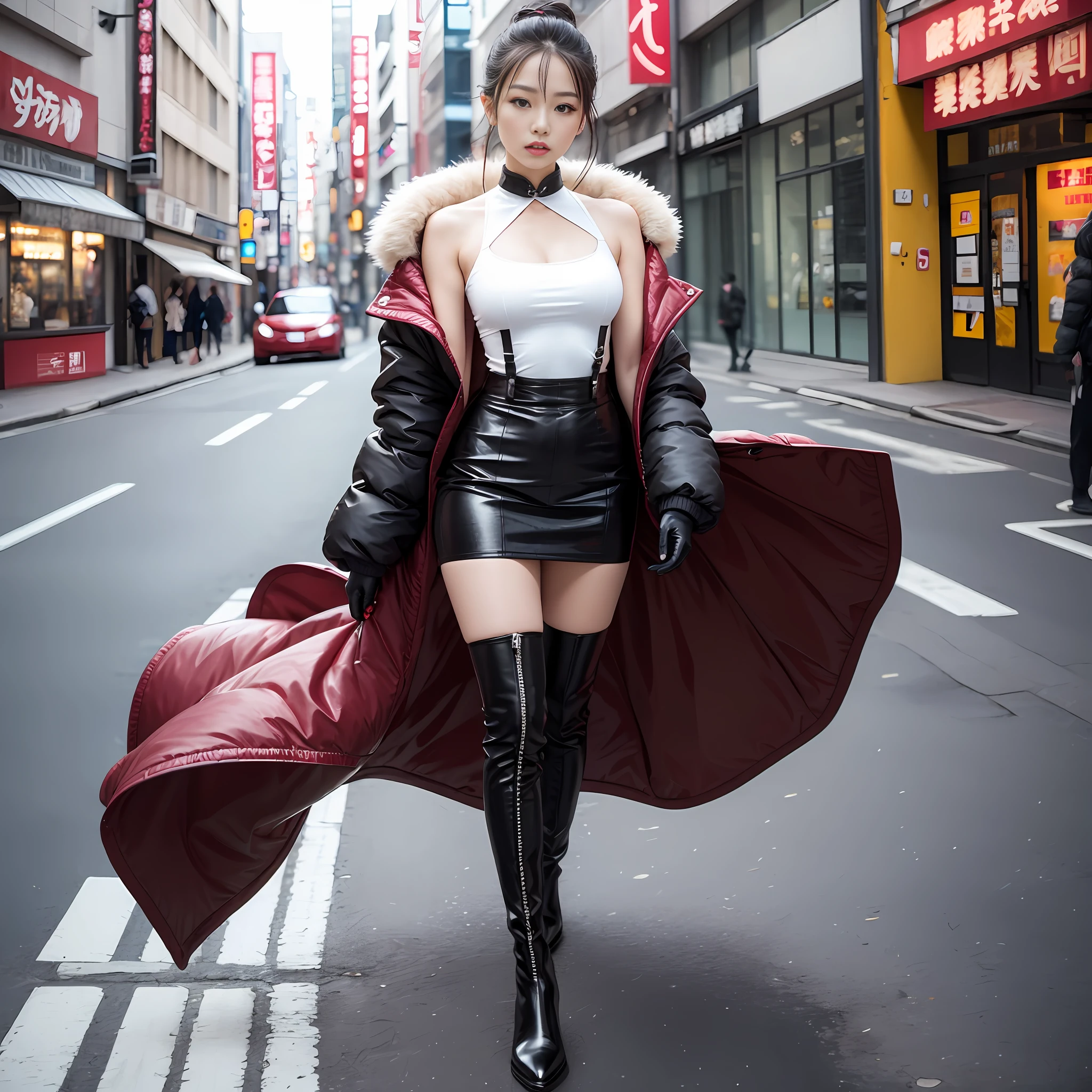 A woman in a white top and black boots standing on the street, Chinese female fashion model, white fluffy clothes, short skirt and long jacket, Japanese city street fashion, black pink Rosan Park, she wears streetwear, Japanese street fashion, Tokyo fashion, street dress woman in jacket and skirt, street fashion, Harajuku street fashion, beautiful woman walking in the wind, black gloves, over-the-knee red boots, tall, long legs, perfect body proportions, thin waist, black suspender stockings, tall, Slender body, nine-headed body, big eyes, beautiful and exquisite face, perfect body details, perfect body proportions, perfect visual proportions, fashion shooting, glamorous, feminine, delicate, highlighting female curves, subtext: sexy, confident. Chinese woman --auto --s2