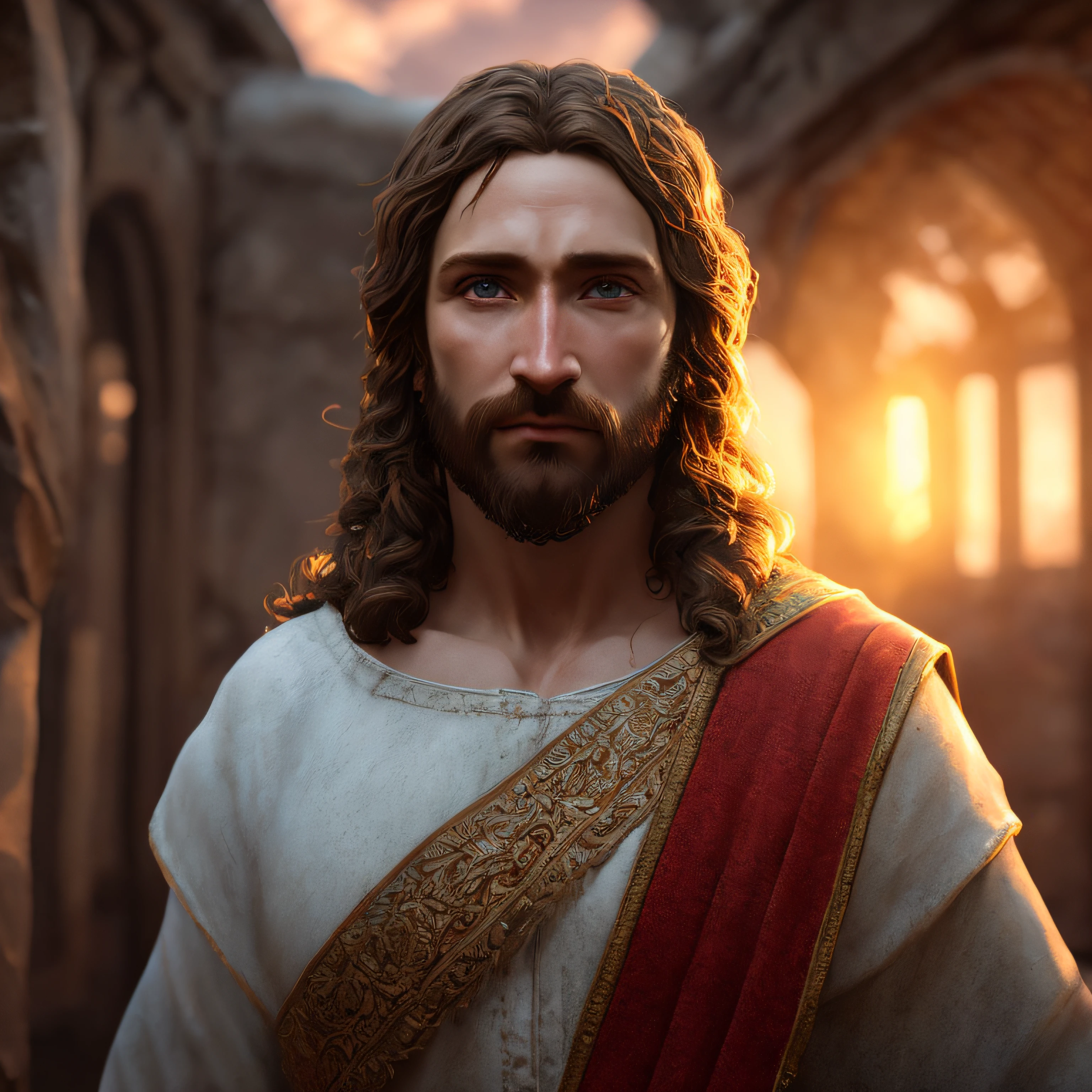Concept art of Jesus Christ with white clothes in the clouds towards the gates of heaven, full body photo, wide photo, insanely realistic with with soft sunset lighting, with detailed skin with face muscles and skin with pores, 20 megapixels, Canon EOS R3, depth of field, soft lighting, masterpiece, best quality, intricate, tone mapped, highly detailed, artstation, smooth, sharp focus, dramatic lighting, highly detailed art, cinematic, hyper realistic painting, trend in Artstation, 8K, amazing shadows, realistic, (highly detailed background: 1.0),
