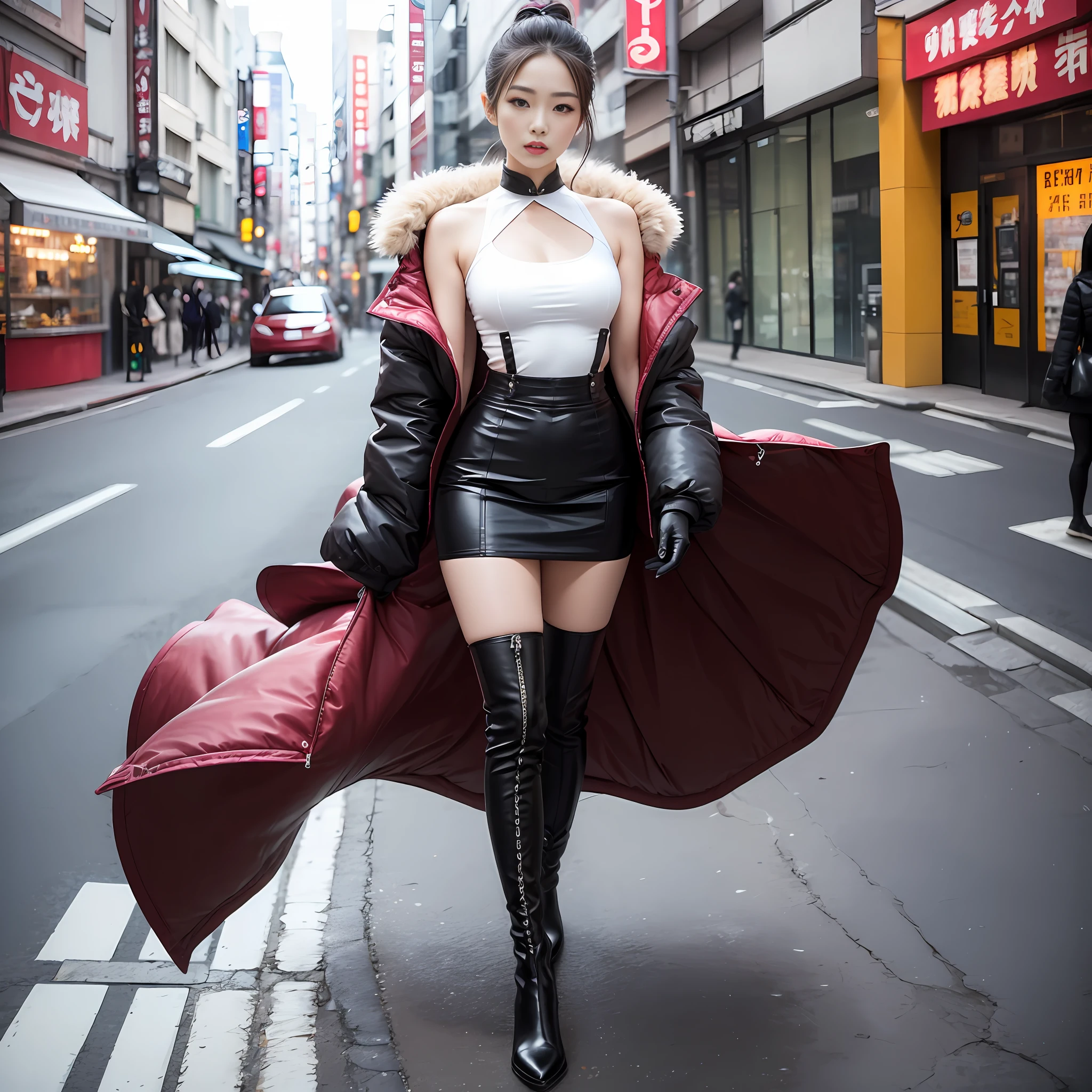 A woman in a white top and black boots standing on the street, Chinese female fashion model, white fluffy clothes, short skirt and long jacket, Japanese city street fashion, black pink Rosan Park, she wears streetwear, Japanese street fashion, Tokyo fashion, street dress woman in jacket and skirt, street fashion, Harajuku street fashion, beautiful woman walking in the wind, black gloves, over-the-knee red boots, tall, long legs, perfect body proportions, thin waist, black suspender stockings, tall, Slender body, nine-headed body, big eyes, beautiful and exquisite face, perfect body details, perfect body proportions, perfect visual proportions, fashion shooting, glamorous, feminine, delicate, highlighting female curves, subtext: sexy, confident. Chinese woman --auto --s2