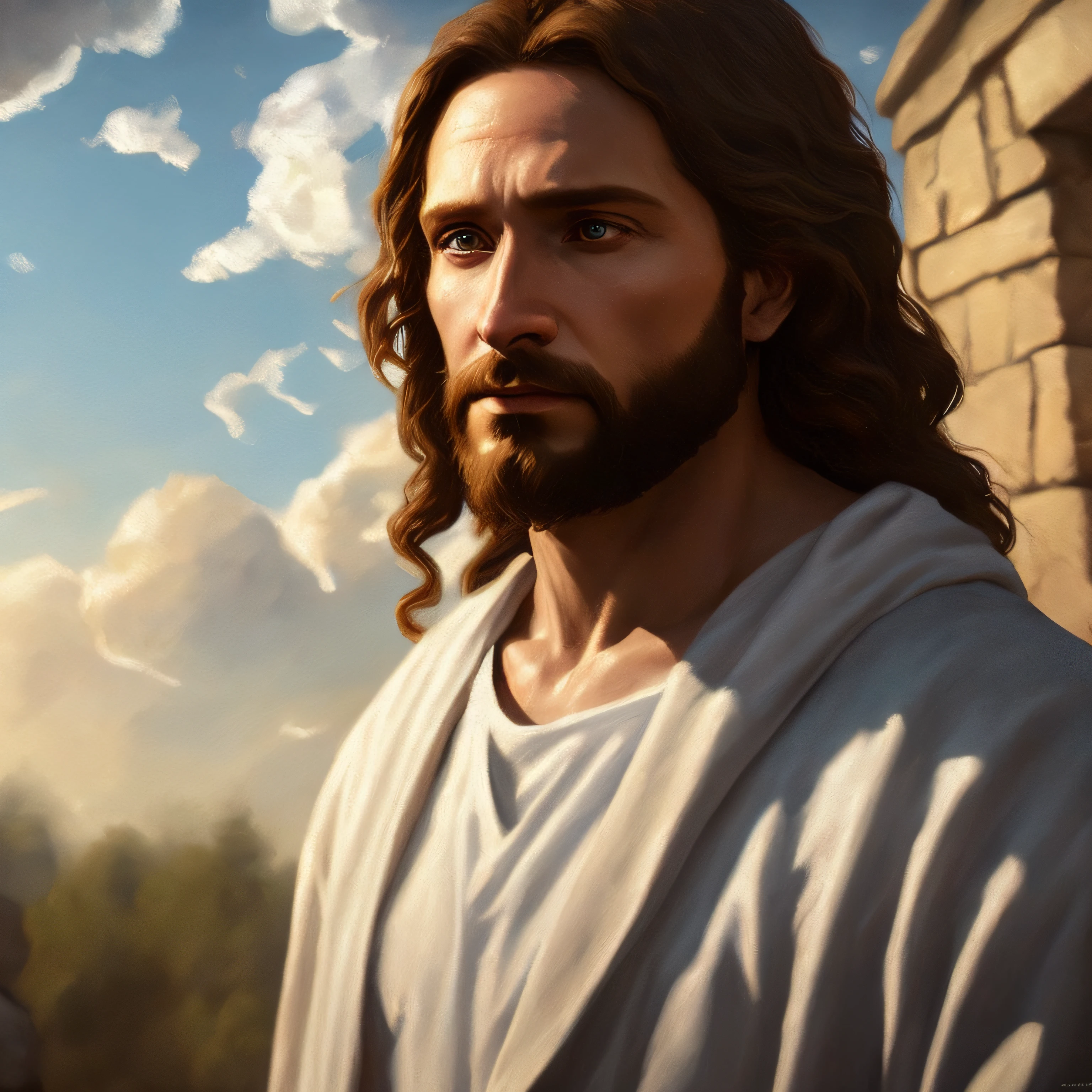 Concept art of Jesus Christ with white clothes in the clouds towards the gates of heaven, full body photo, wide photo, insanely realistic with with soft sunset lighting, with detailed skin with face muscles and skin with pores, 20 megapixels, Canon EOS R3, depth of field, soft lighting, masterpiece, best quality, intricate, tone mapped, highly detailed, artstation, smooth, sharp focus, dramatic lighting, highly detailed art, cinematic, hyper realistic painting, trend in Artstation, 8K, amazing shadows, realistic, (highly detailed background: 1.0),