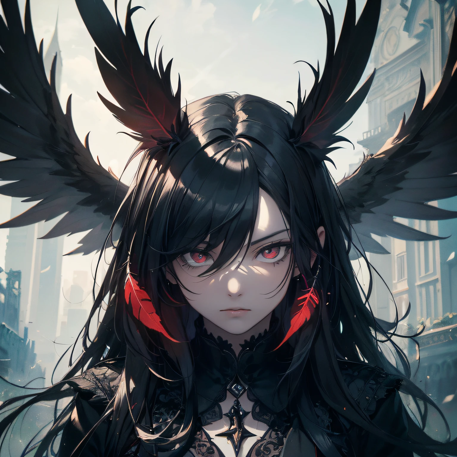 ((best quality)), ((masterpiece)), ((realistic drawing)), ((perfect character)) Enigmatic crow, a solitary figure in darkness, piercing deep red eyes glowing with a sinister fascination, feathers shining with mystery and intrigue, a captivating solo portrait that captures the essence of darkness and fascination, a masterpiece that seduces and unnerves, eye level, scenic, masterpiece --auto
