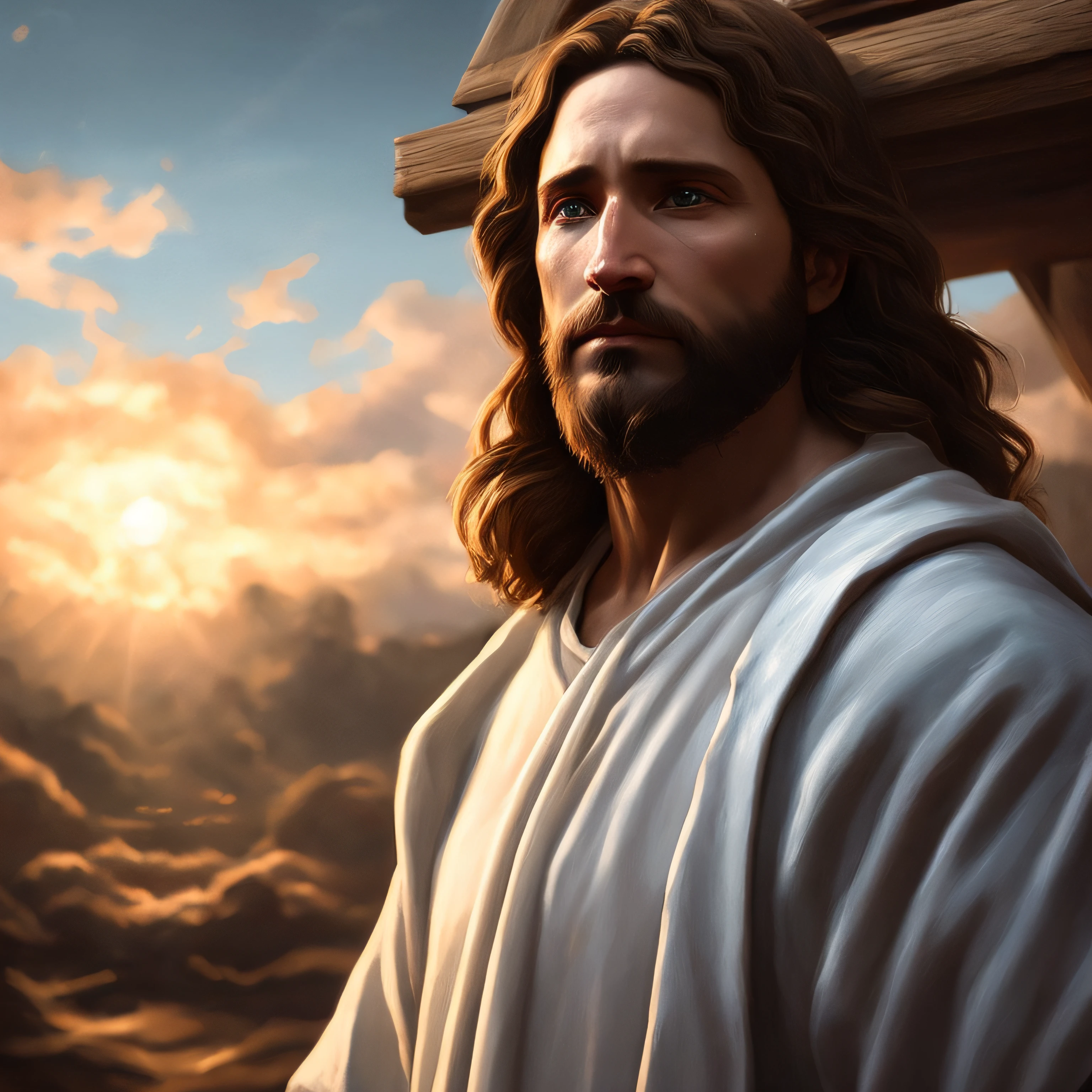 Concept art of Jesus Christ with white clothes in the clouds towards the gates of heaven, full body photo, wide photo, insanely realistic with with soft sunset lighting, with detailed skin with face muscles and skin with pores, 20 megapixels, Canon EOS R3, depth of field, soft lighting, masterpiece, best quality,  intricate, tone mapped, highly detailed, artstation, smooth, sharp focus, dramatic lighting, highly detailed art, cinematic, hyper realistic painting, trend in Artstation, 8K, amazing shadows, realistic, (highly detailed background: 1.0),