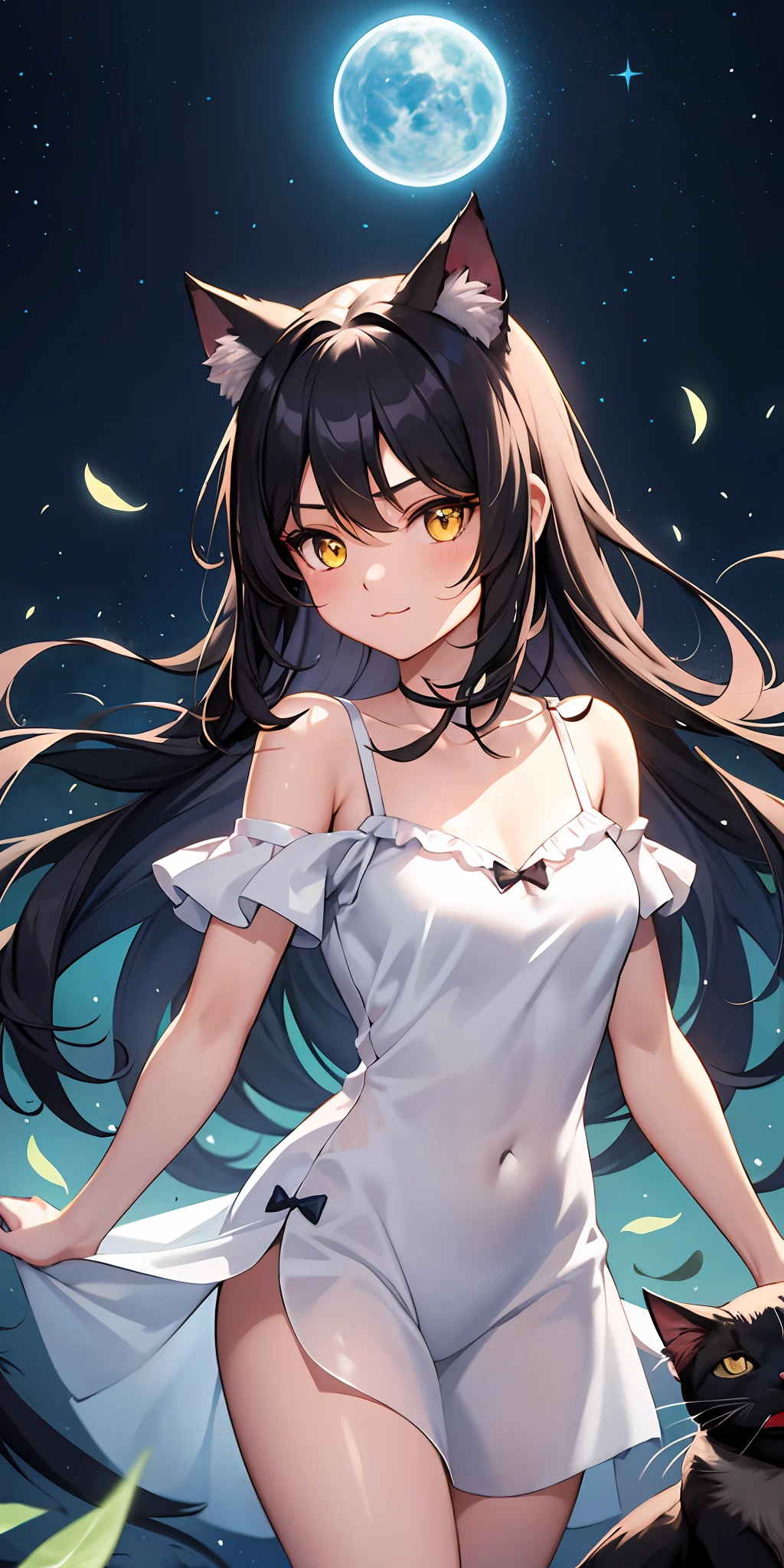 1girl, magical, nightgown, :3, cat ears, black hair, glowing, yellow eyes,