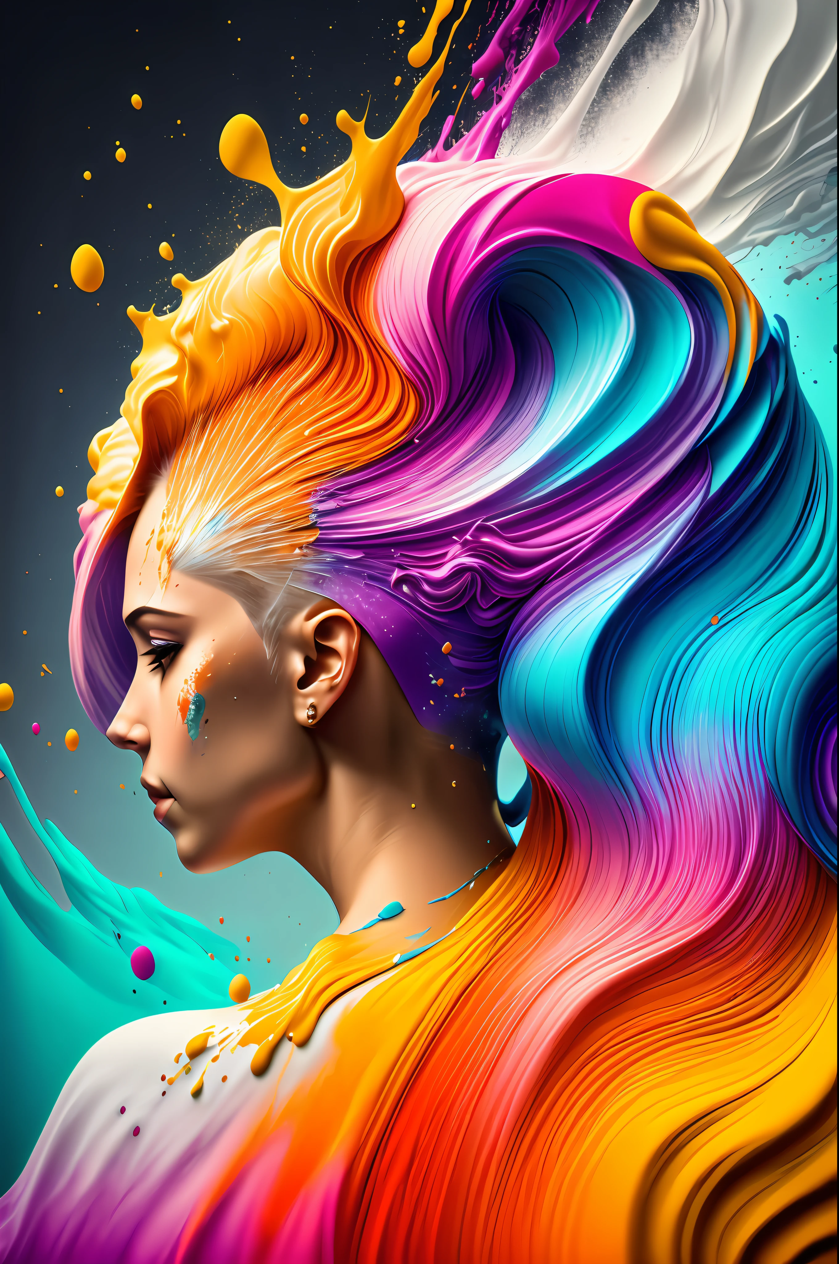 Colorful abstract art of paint forming a hair strand on a head, Romantic lighting, wave, sub-surface Scatterring, shine, hair transplant, underwater paint art awarded by Alberto Seveso