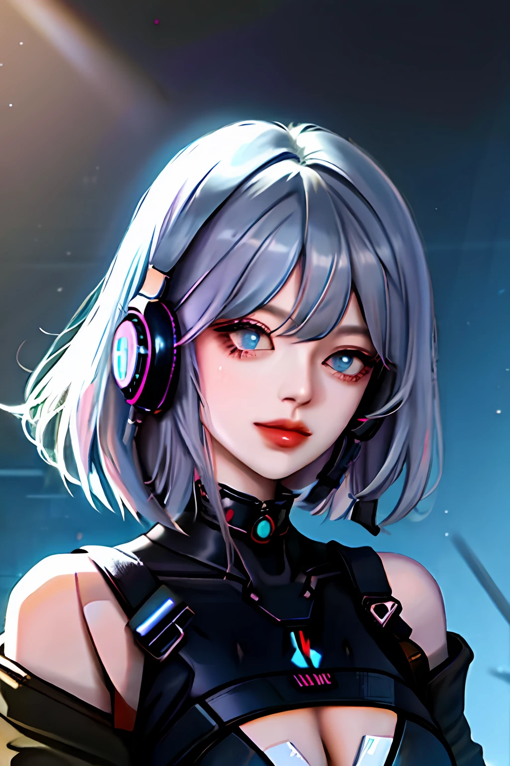 1girl, bangs, white hair, blue eyes, fashi-girl,bob cut,short hair, cleavage, collarbone, open jacket,mecha,cyberpunk,neon lights,large breasts,mature female,shiny skin,rain,water drop,badass,alluring,mecha musume,ghost in the shell,red lips,looking to the side,closed mouth,headphones,cinematic lighting