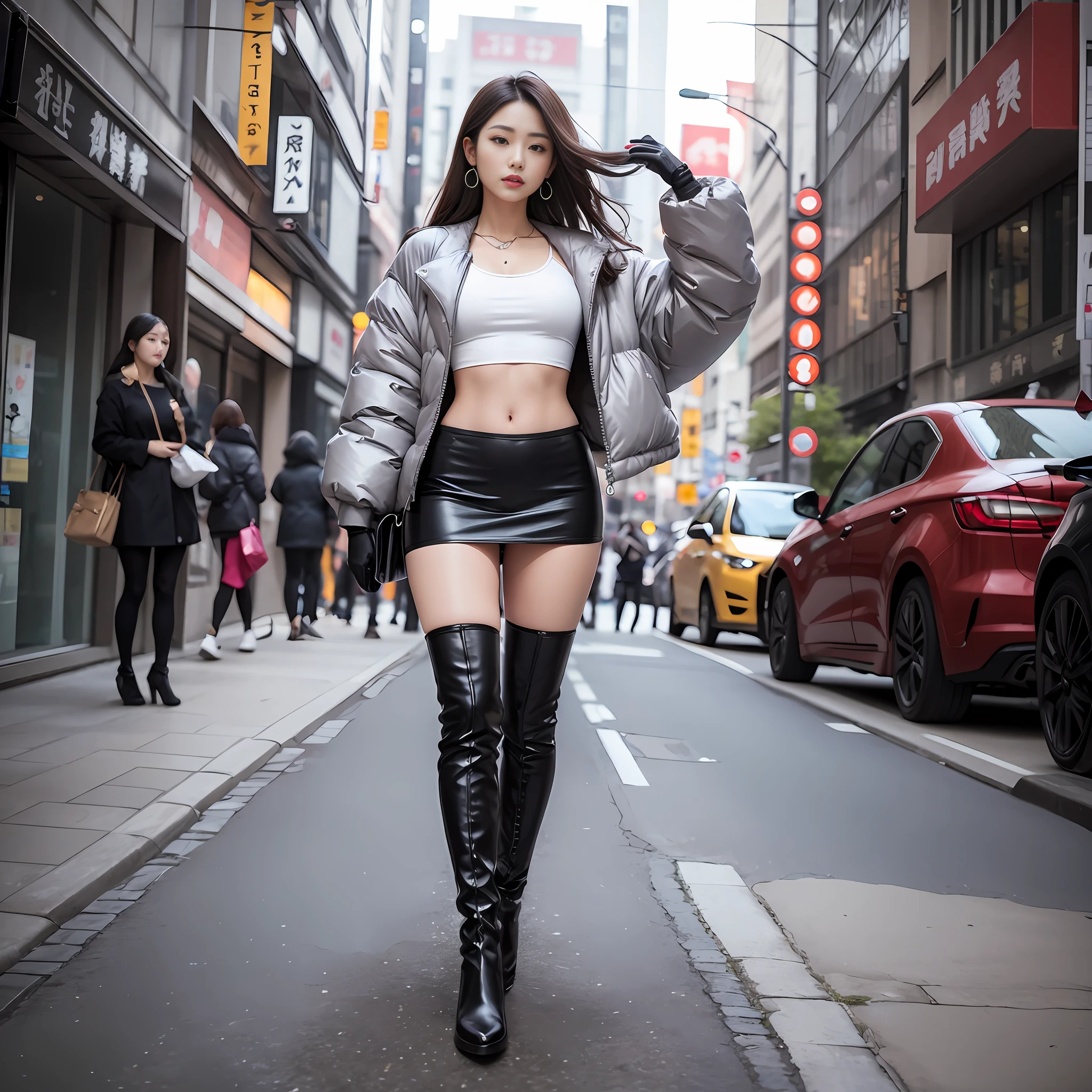 A woman in a white top and black boots standing on the street, Chinese female fashion model, white fluffy clothes, short skirt and long jacket, Japanese city street fashion, black pink Rosan Park, she wears streetwear, Japanese street fashion, Tokyo fashion, street dress woman in jacket and skirt, street fashion, Harajuku street fashion, beautiful woman walking in the wind, black gloves, over-the-knee red boots, tall, long legs, perfect body proportions, thin waist, black suspender stockings, tall, Slender body, nine-headed body, big eyes, beautiful and exquisite face, perfect body details, perfect body proportions, perfect visual proportions, fashion shooting, glamorous, feminine, delicate, highlighting female curves, subtext: sexy, confident. Chinese woman --auto --s2