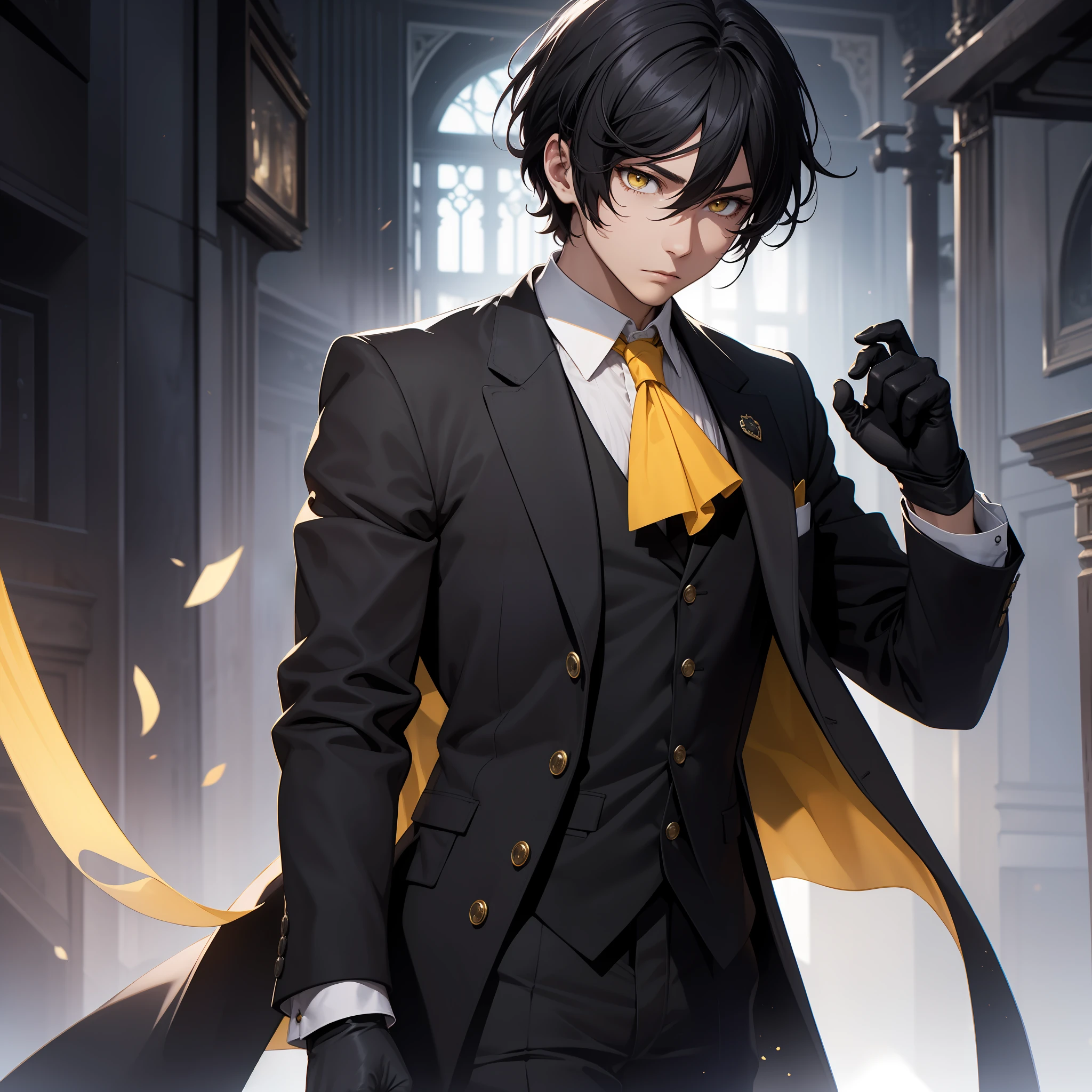 solo male, black hair, short hair, yellow eyes, white shirt, black vest, black pants, black gloves, black coat, Victorian setting