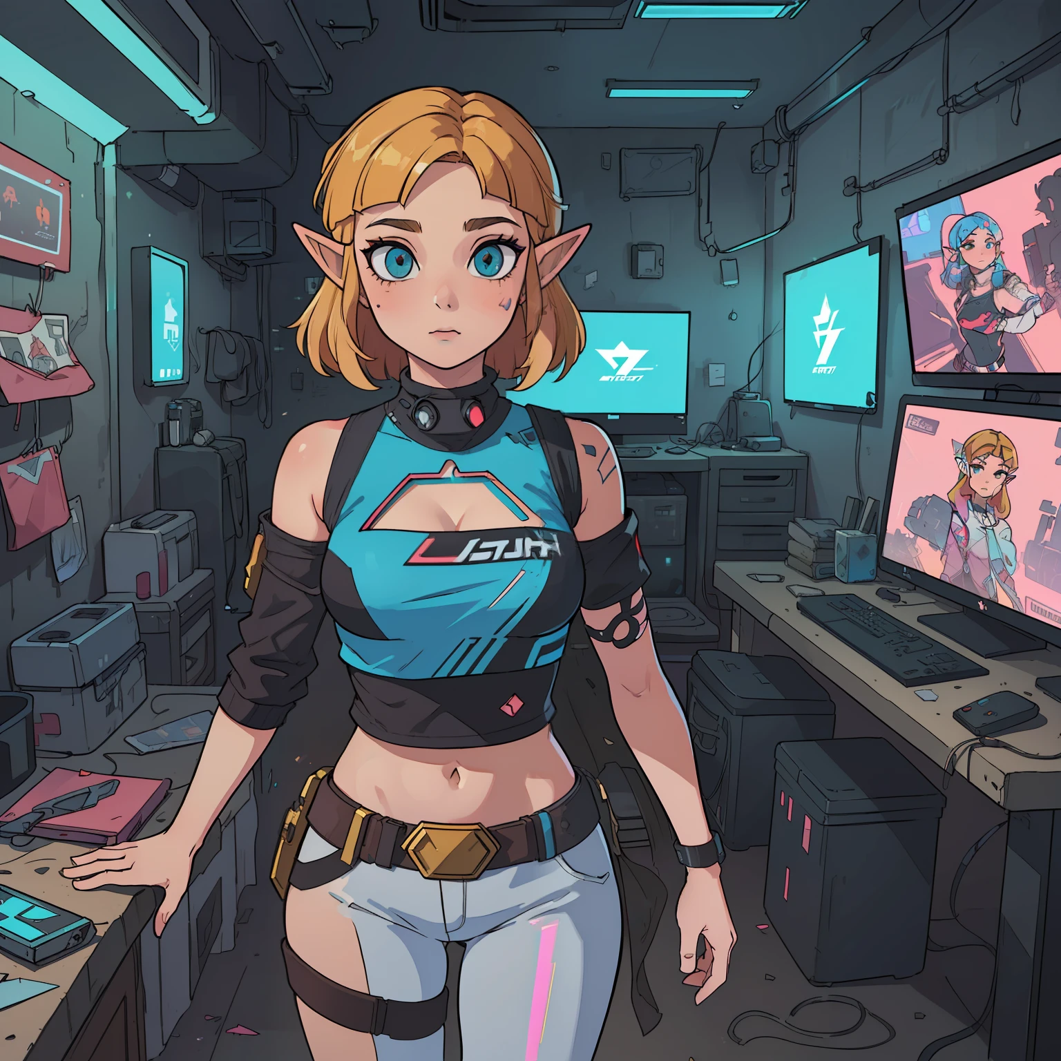 ((masterpiece)), ((best quality)), (((ultra high resolution)), a woman, elf, princess Zelda, cyberpunk clothes 2077, inside a cyberpunk house 2077, very detailed background, detailed skin, detailed face, gorgeous, messy, dynamic poses, hacker, hologram, futuristic clothes