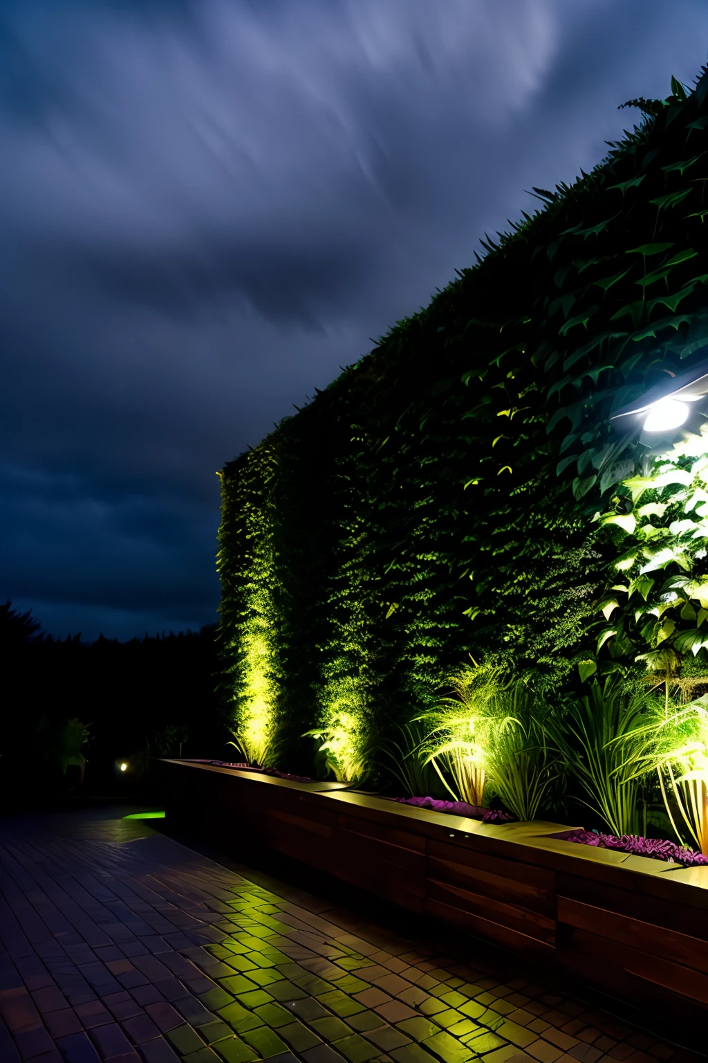 outdoor area green wall illuminated with dark night, (rainy and foggy night: 1.2), Pacific Northwest, (dim lighting: 1.4), (dim lighting: 1.2), plants, large plants, rainy, monstera, many plants, (blurry windows:1.2), masterpiece, best quality, twilight hour, (night:1.4), rainy night, after sunset,