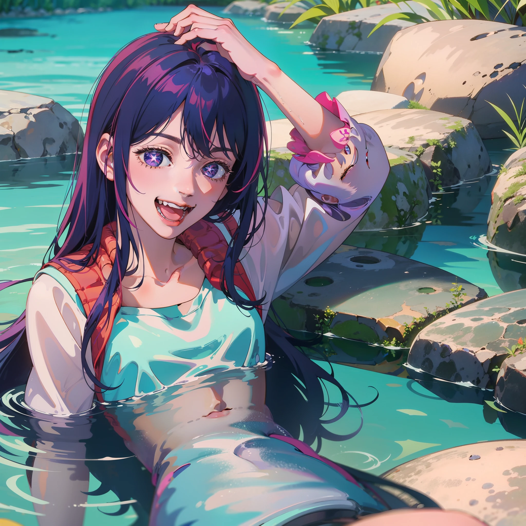 Hoshino Ai, long purple  hair, wearing a down jacket, laying on the water, laughing , happy expression