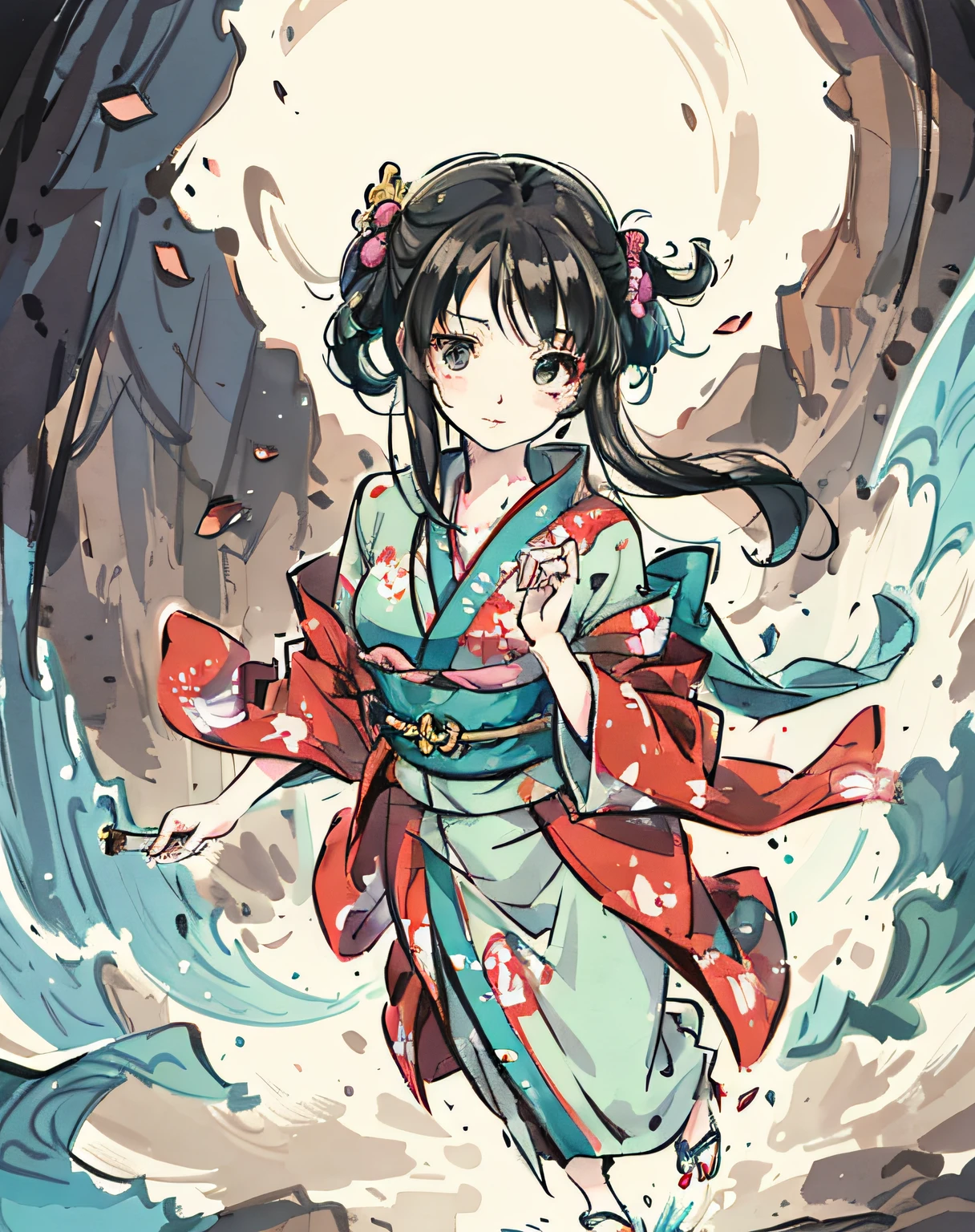 Close-up of a person walking in water in a kimono, Gouviz style artwork, Beautiful anime artwork, Beautiful artwork illustration, Anime illustration, Kavasi, Anime visual of cute girl, Guvitz, Digital anime illustration, Cute digital painting, Anime fantasy illustration, Beautiful anime art, Beautiful character painting