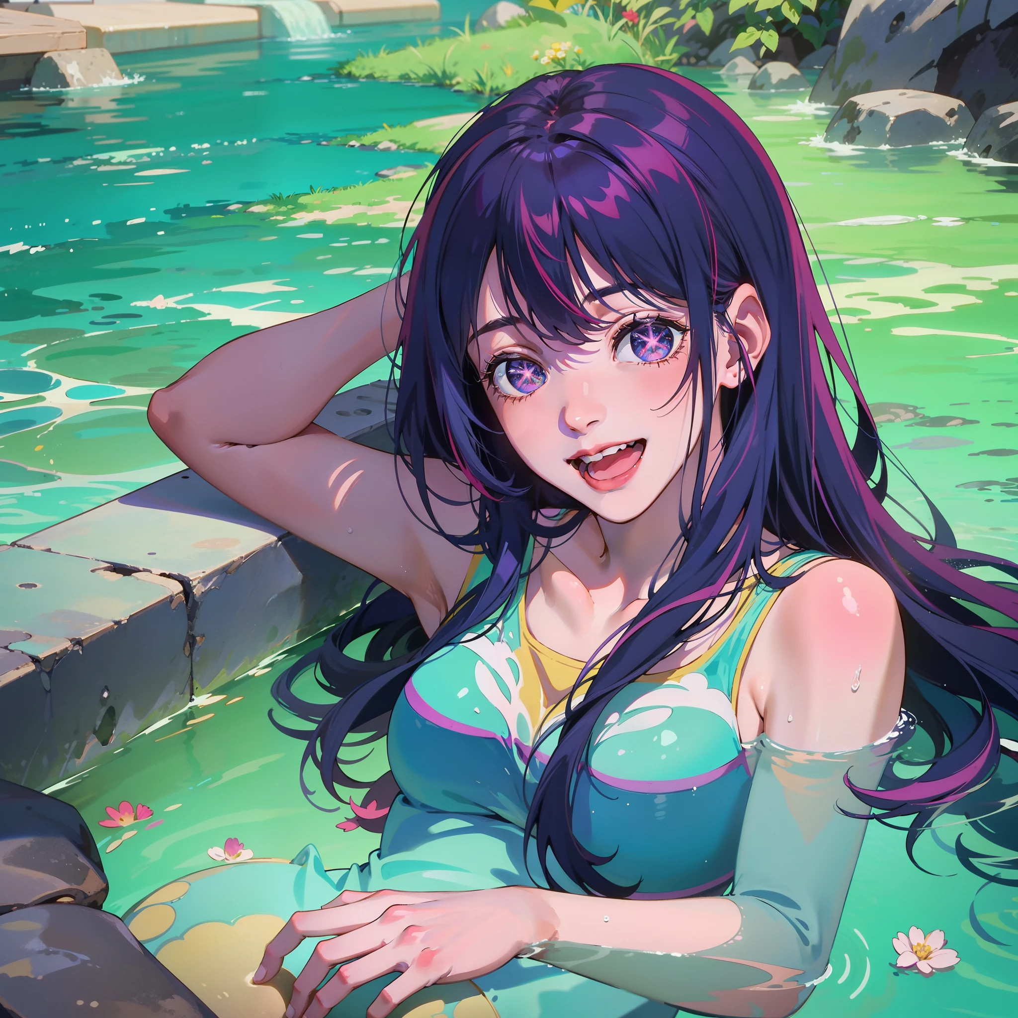 Hoshino Ai, long purple hair, wearing bath suit , laying on the water, laughing , happy expression