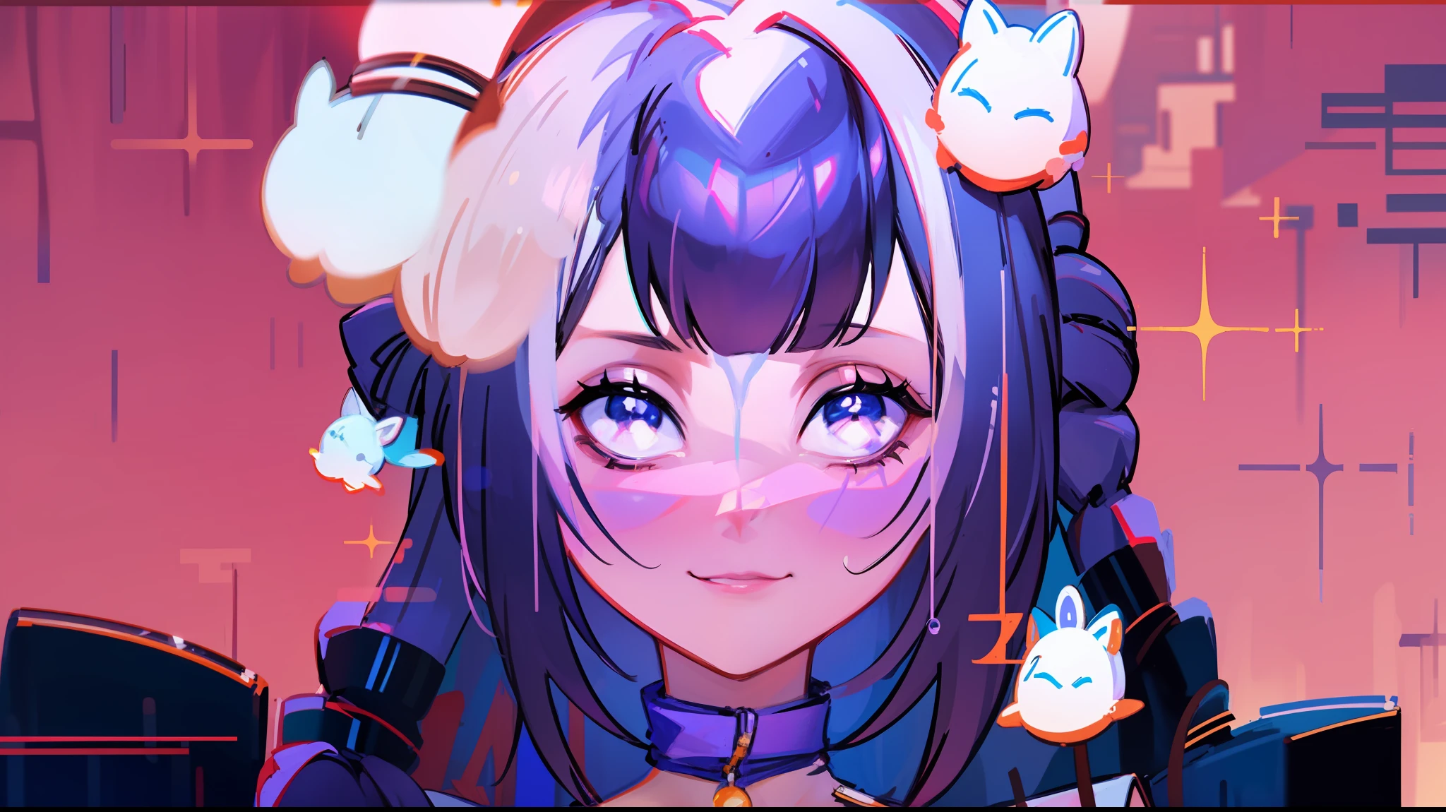 Woman with peace sense headset, closed eyes, beautiful face, RGB colors, bright purple hair, anime, banner for youtube video, happy girl, clouds with RGB colors, bright RGB colors.