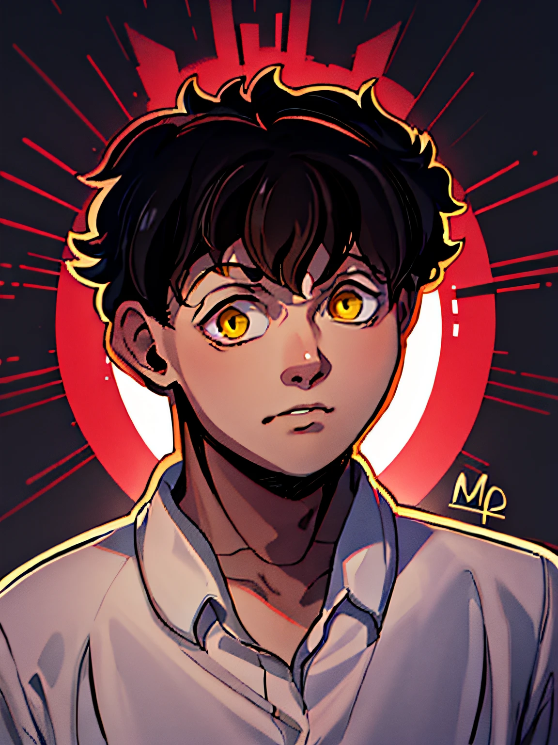 anime boy with black hair and yellow eyes in a white shirt, inspired by Okumura Masanobu, inspired by Munakata Shikō, inspired by Okumura Togyu, kentaro miura manga art style, kentaro miura art style, anime moe artstyle, shinji, in an anime style, anime style portrait