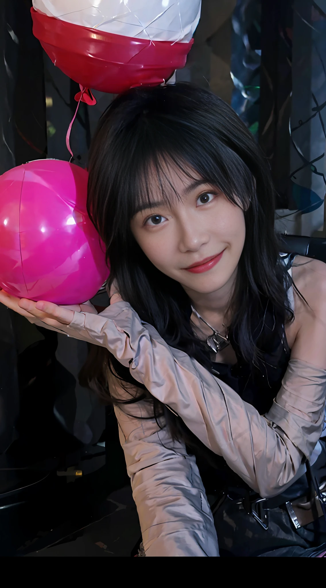 A girl, edited photography, shot with Canon EOA 6 D Mark II, holding a balloon, official artwork, photographed in Canon EOS R 5, photographed in Canon EOS R5, photographed in Canon EOS 5 D Mark IV, delicate facial features, delicate eyes, top-down angle, smile, looking at the viewer, huge breasts,