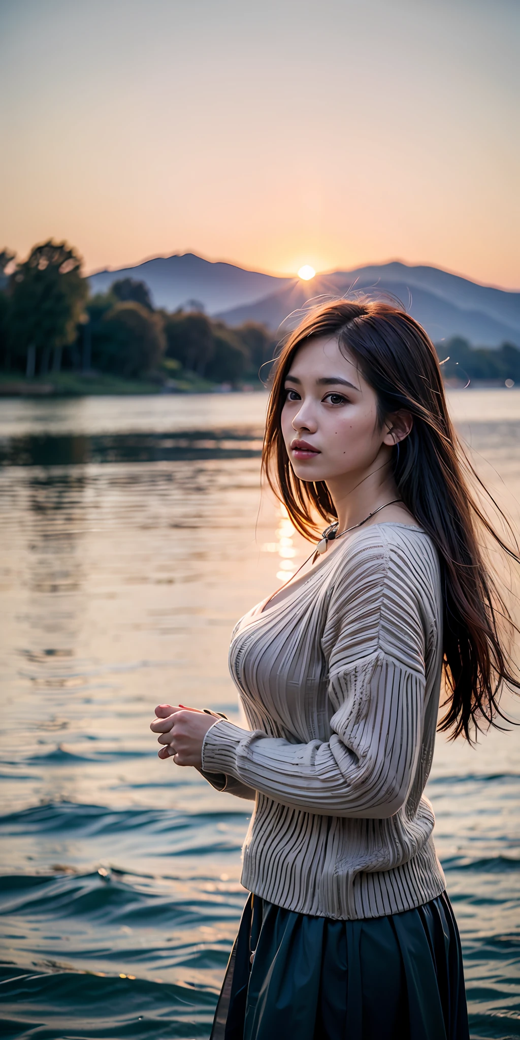 (Best quality, 8k, 32k, Masterpiece, UHD:1.2),Sony A7R4, Zessie 50mm F1.8, Photo of Pretty indonesian woman, huge breasts, long hair,upper body, sweater, necklace, lake background, sunset, long legs, floating hair, looking into the distance, --s2