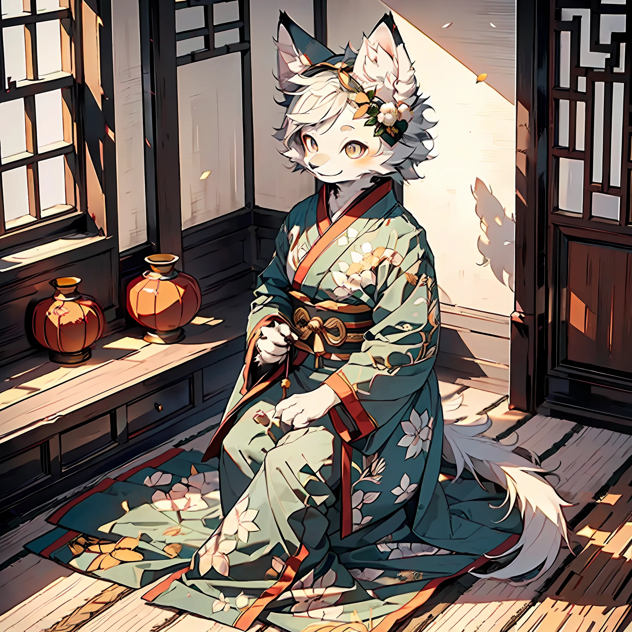 Masterpiece, high detail, super high quality, high resolution, 1080P, ((single)), furry, (female arctic fox: 1.5), (gray fur: 1.5), (gray skin: 1.5)), gray ears, (golden eyes: 1.5), ((white paws)), canine paws, detailed figures, (furry feeling of animal ears), sharp, kneeling on cushions, wearing traditional Chinese robes, wearing traditional Chinese pants, traditional Chinese clothing, ancient Chinese style, In a traditional Chinese room, light smile and natural lighting