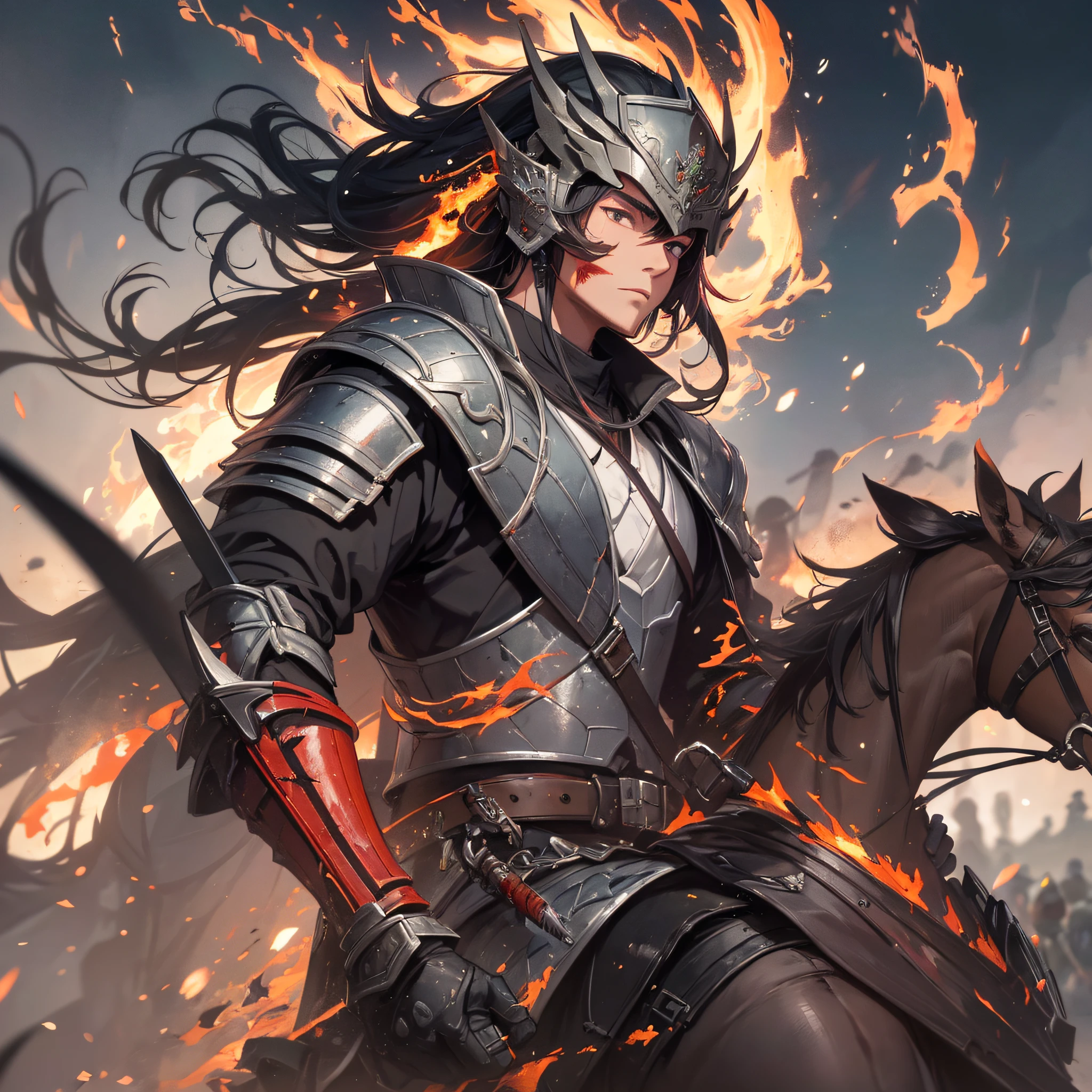 Absurd resolution, high resolution, (masterpiece: 1.4), hyper-detail, ancient China, steppe, black long-haired young man (1.3), horseback riding (1.3), armored samurai in red armor, wielding sword, army, battlefield, blood, battle, fire