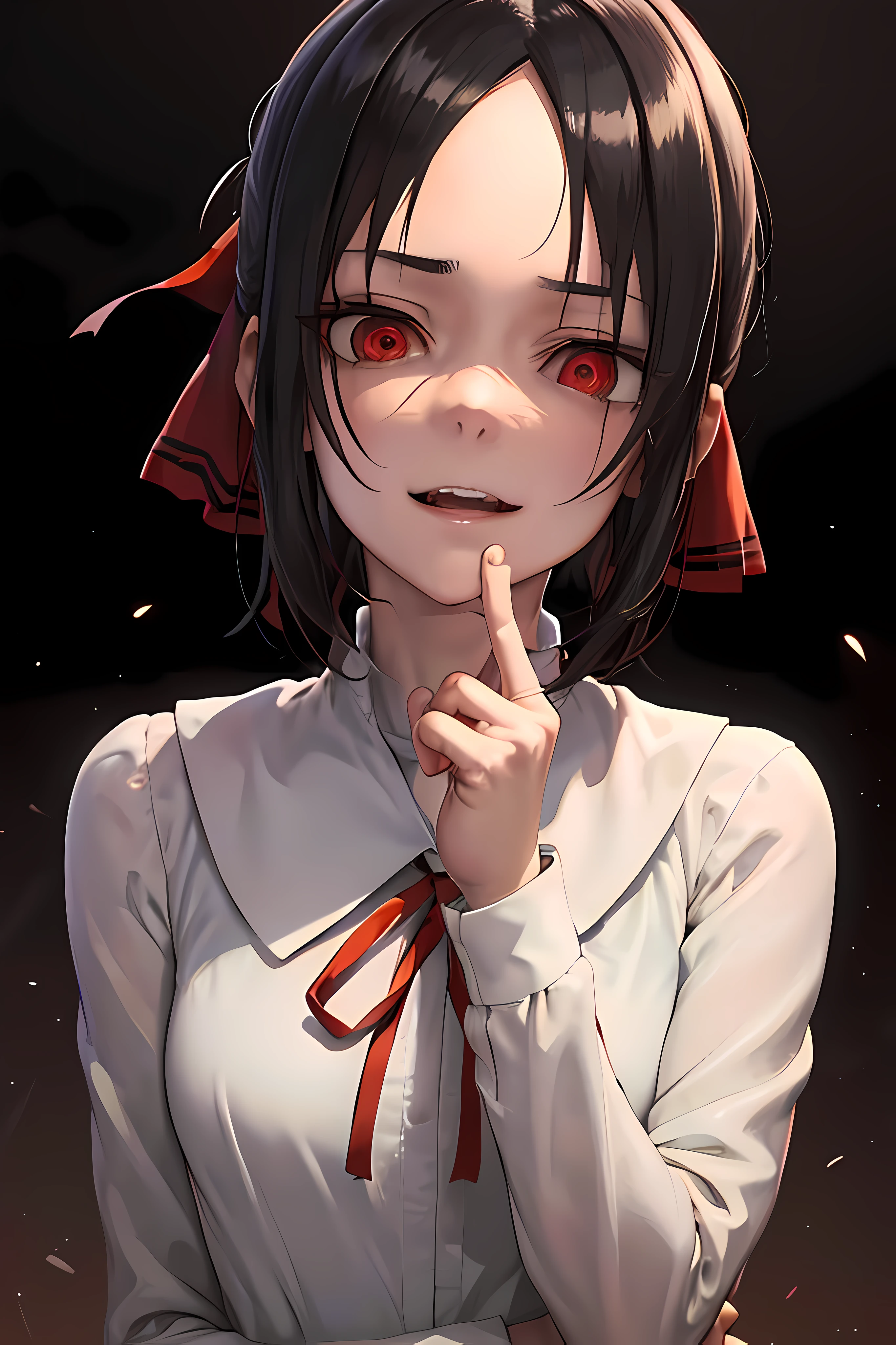 (anime style), masterpiece, 8k, best quality, 1 girl, woman, mature, portrait, academic form shuuchiin, shinomia kaguya, red ribbon, ribbon, school uniform, dress, black hair, solo, folded ponytail, hair ribbon, red eyes, side locks, parted bangs, looking at the viewer, facing the viewer, dim light, upper body (hand on chin: 1.4), (creepy look:1.6), below portrait,  looking down, dark light (dark background:1.7), black, night, facing the viewer, lightning, blank background, half-open mouth, wide smile, happy, empty eyes, (face shadow: 1.3), (empty eyes:1.3), hand closed (look up:1.2), shadows (right hand down: 1.6),