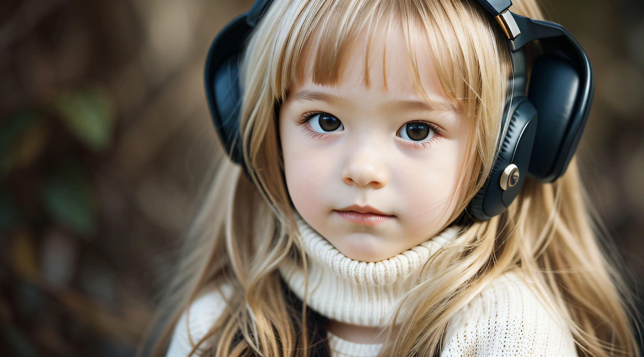 CHILD girl with long blonde hair wearing a white sweater and muffled black ears.