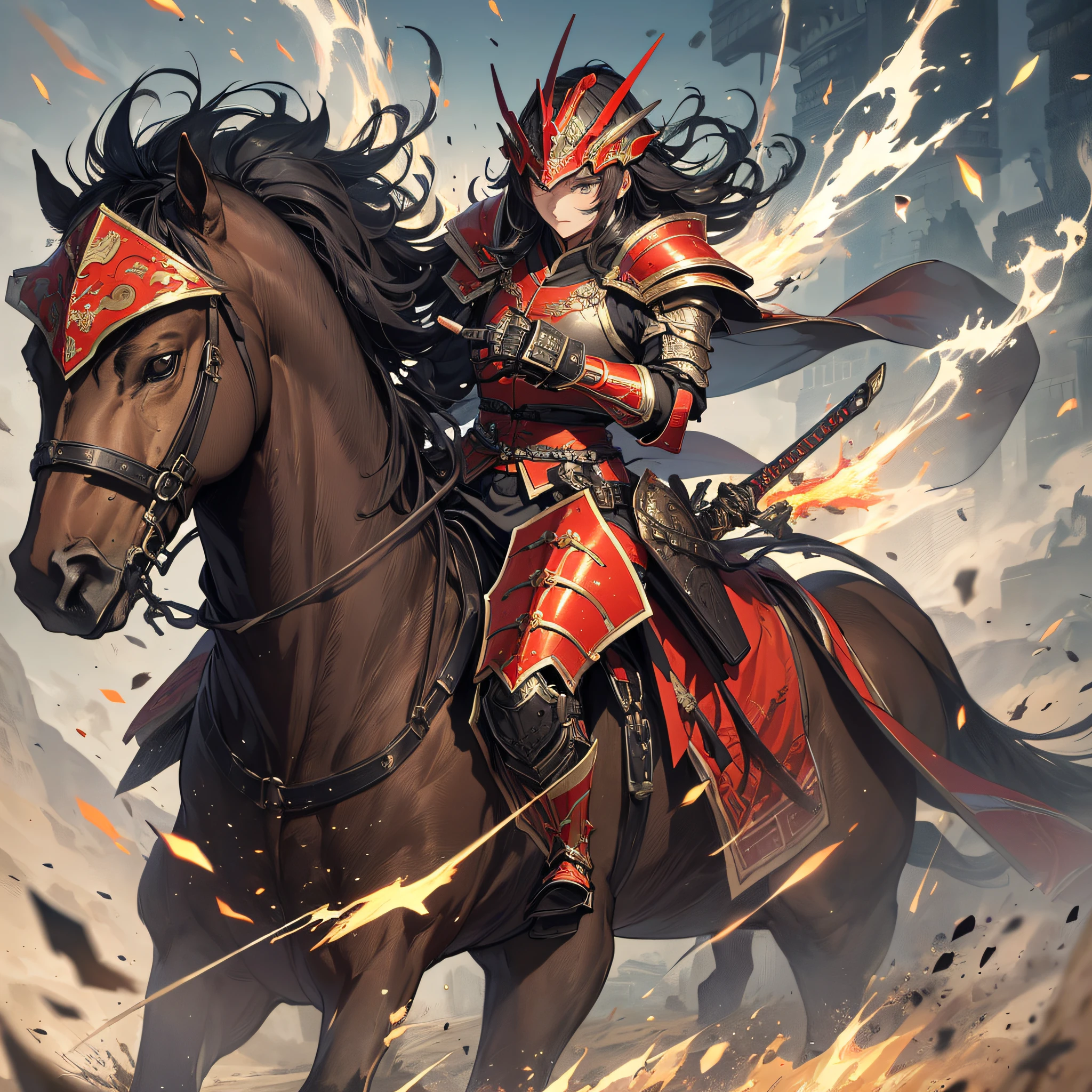 Absurd resolution, high resolution, (masterpiece: 1.4), hyper-detail, ancient China, steppe, black long-haired young man (1.3), horseback riding (1.3), armored samurai in red armor, charge, wielding sword, army, battlefield, blood, battle, fire