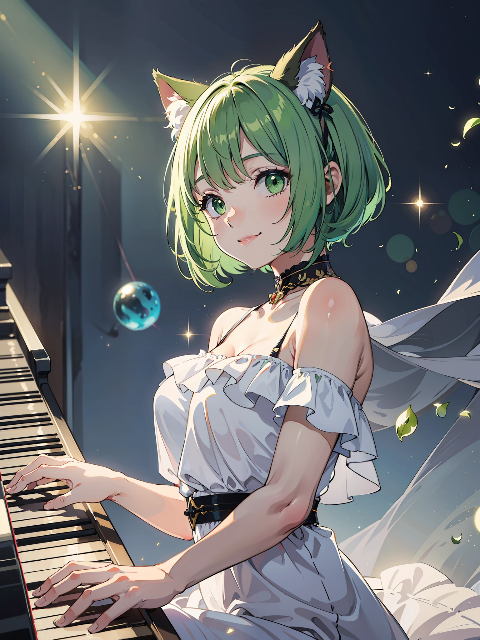 Under a pale twilight sky, a smiling cat girl (short green bob hair, green eyes) is dressed in a white dress and sitting in front of a piano and performing. Blue glowing notes rise from the piano keys, and many particles of light soar and shine, a fusion of mystical atmosphere and beautiful music, dynamic poses