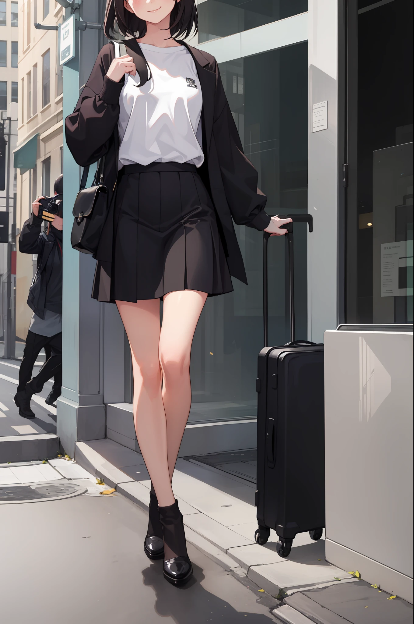 1 girl, smile, shirt, skirt, (small) chiralism,