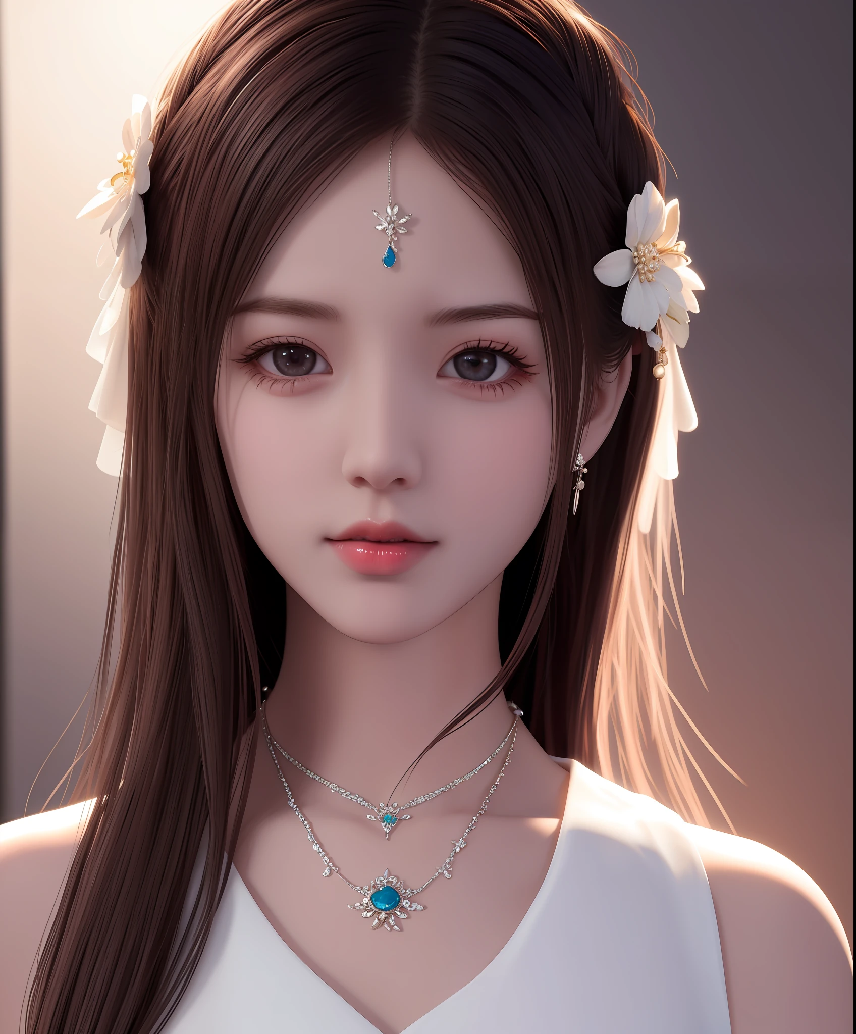 Best quality, masterpiece, high resolution, 1girl, porcelain dress, hair accessories, necklace, jewelry, beautiful face, on the body, Tyndall effect, realistic, dark studio, edge lighting, two-tone lighting, (high detail skin: 1.2), 8k UHD, dslr, soft light, high quality, volumetric light, candid, photo, high resolution, 4k, 8k, background blur,